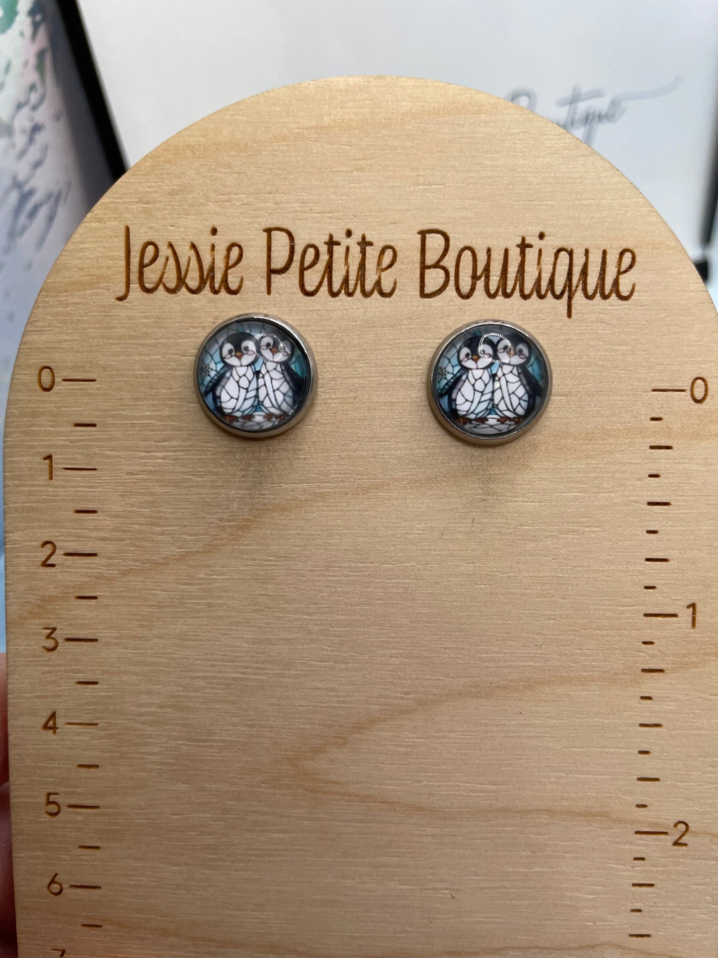 Penguin Cabochon Stud Earrings-Stainless Steel+Nickel Free