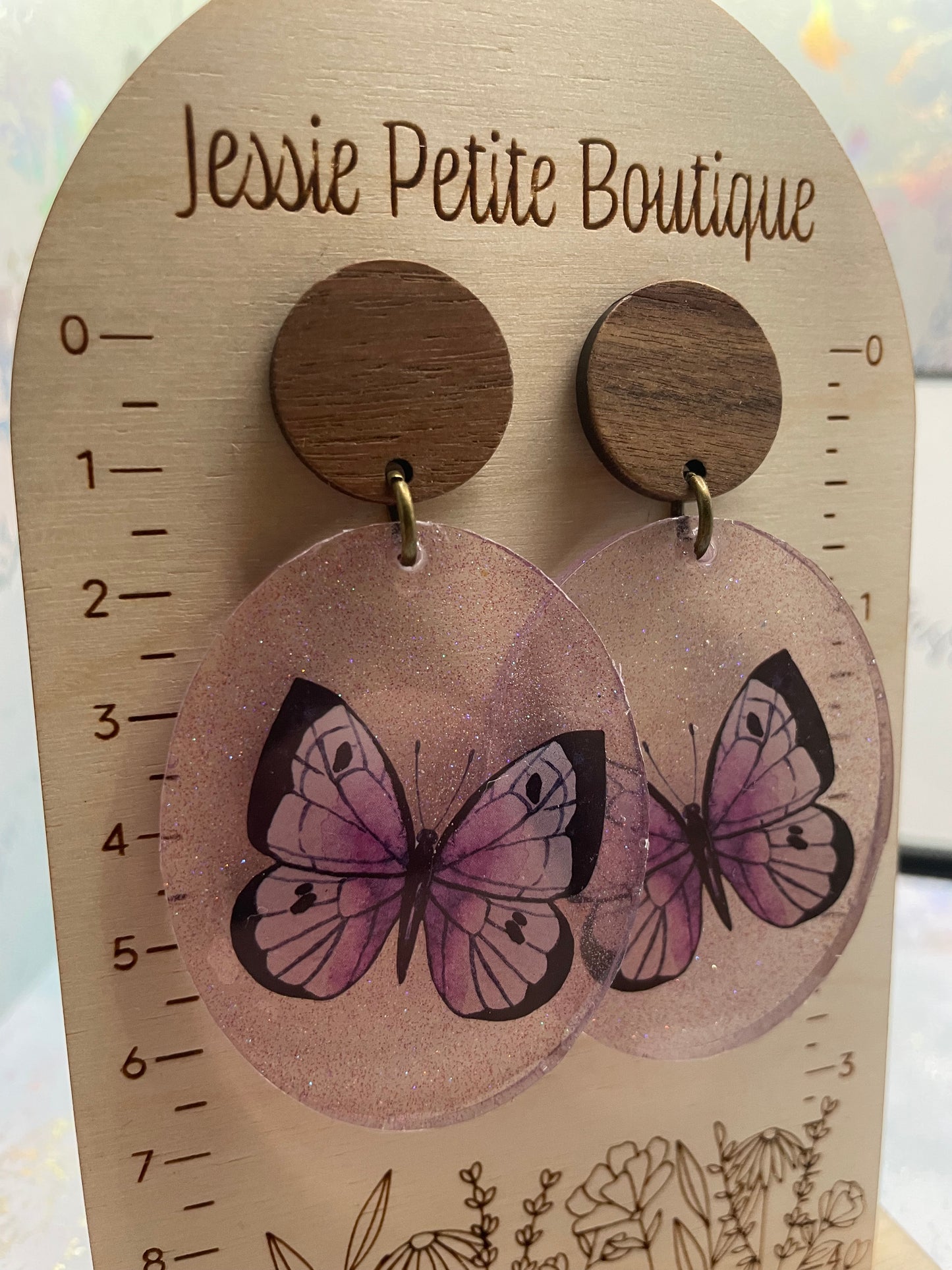 Boucles d'oreilles papillon mauve brillant+bouton en bois - Acier inoxydable