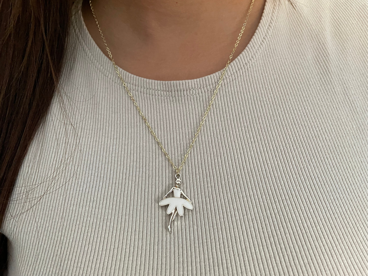 White Dress Ballerina Necklace- 19''gold plated chain-NICKEL FREE