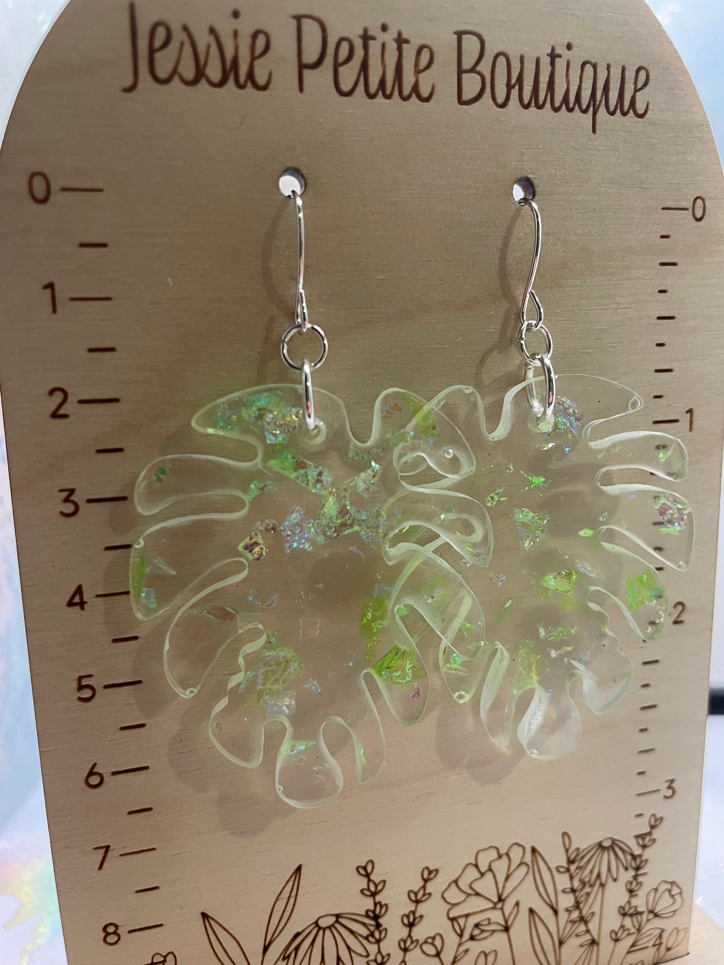 Boucles d'oreilles Monstera transparentes et vertes – Acier Inoxydable