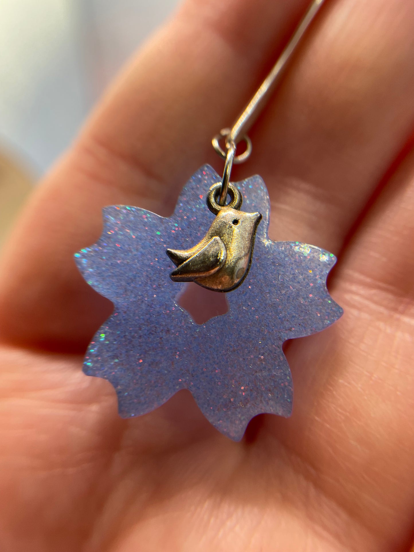 Sparkly Cherry Blossom Earrings With Bird Charm