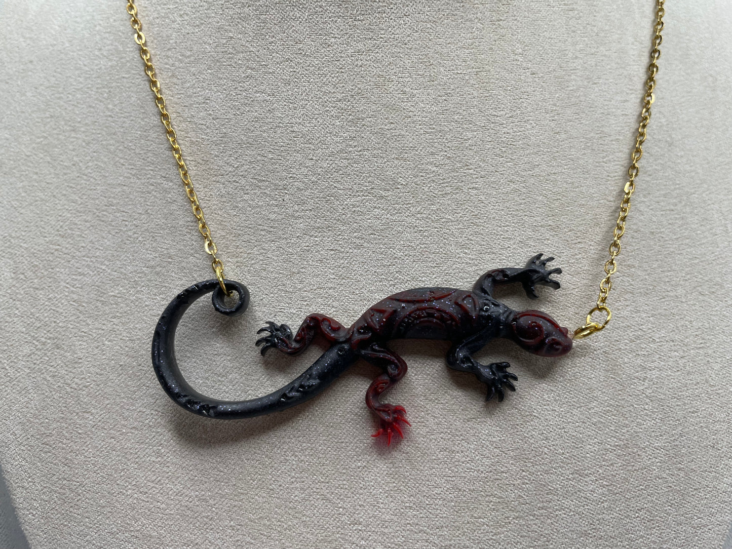 Black + Red Gecko Necklace - 19"gold chain NICKEL FREE+STAINLESS STEEL