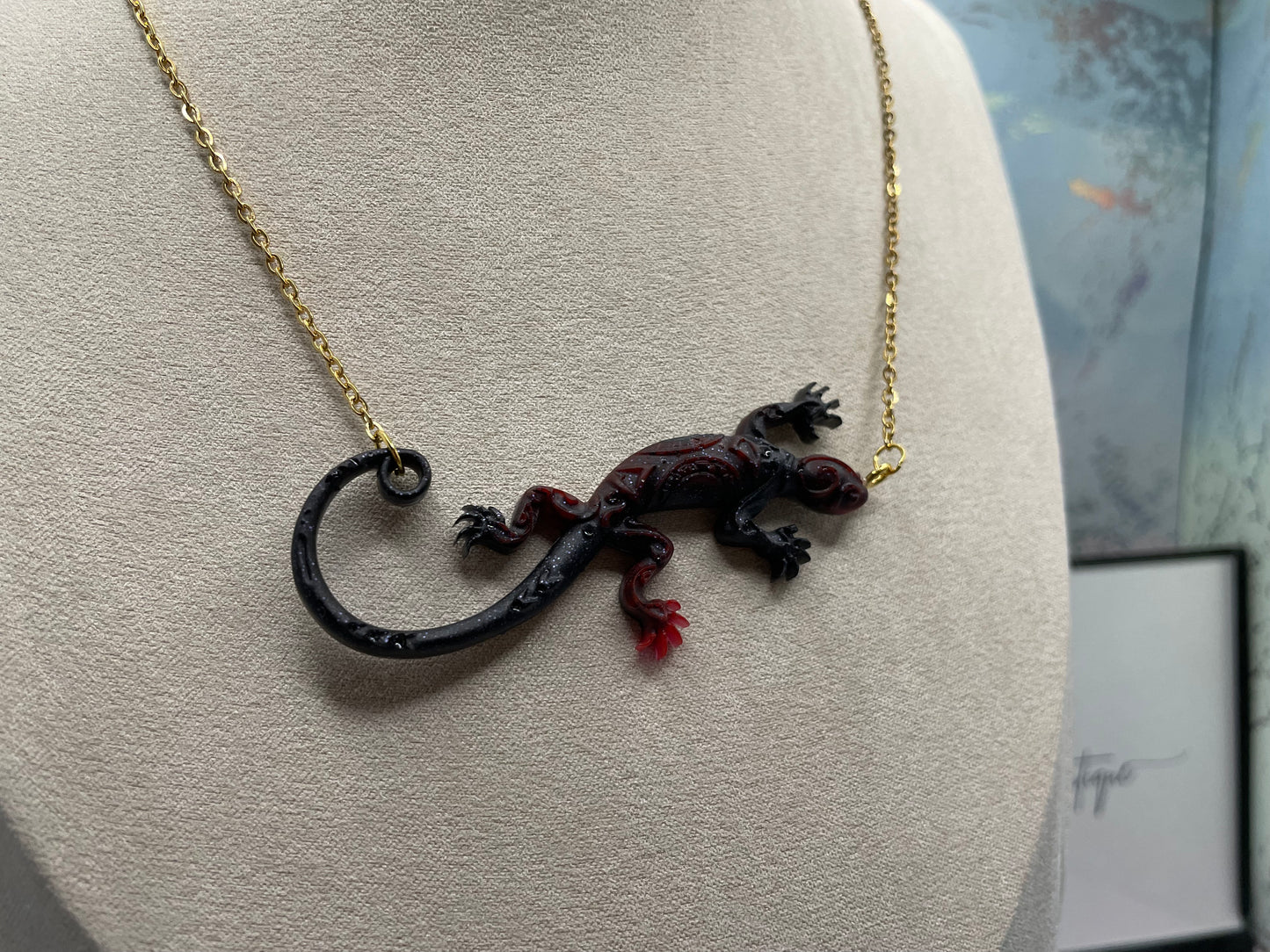 Black + Red Gecko Necklace - 19"gold chain NICKEL FREE+STAINLESS STEEL