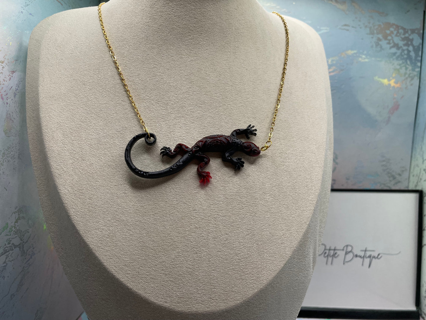 Black + Red Gecko Necklace - 19"gold chain NICKEL FREE+STAINLESS STEEL