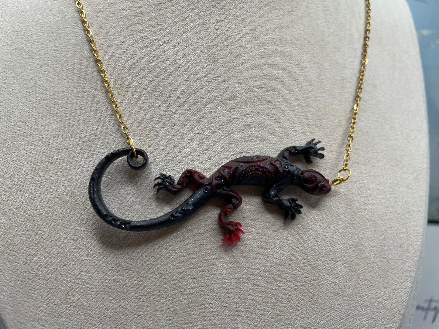 Black + Red Gecko Necklace - 19"gold chain NICKEL FREE+STAINLESS STEEL