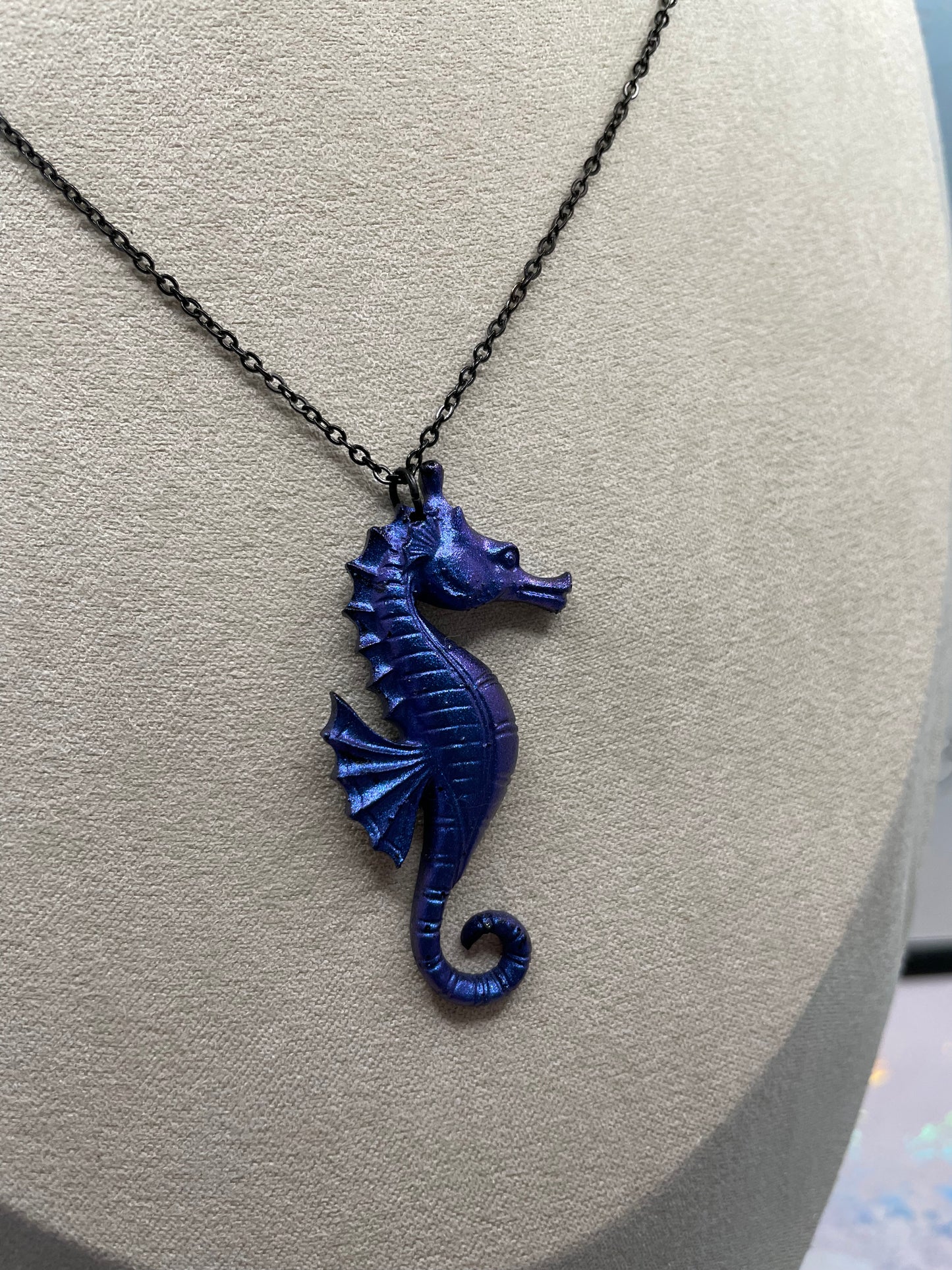 Chameleon Blue Seahorse Necklace–20"black chain NICKEL FREE