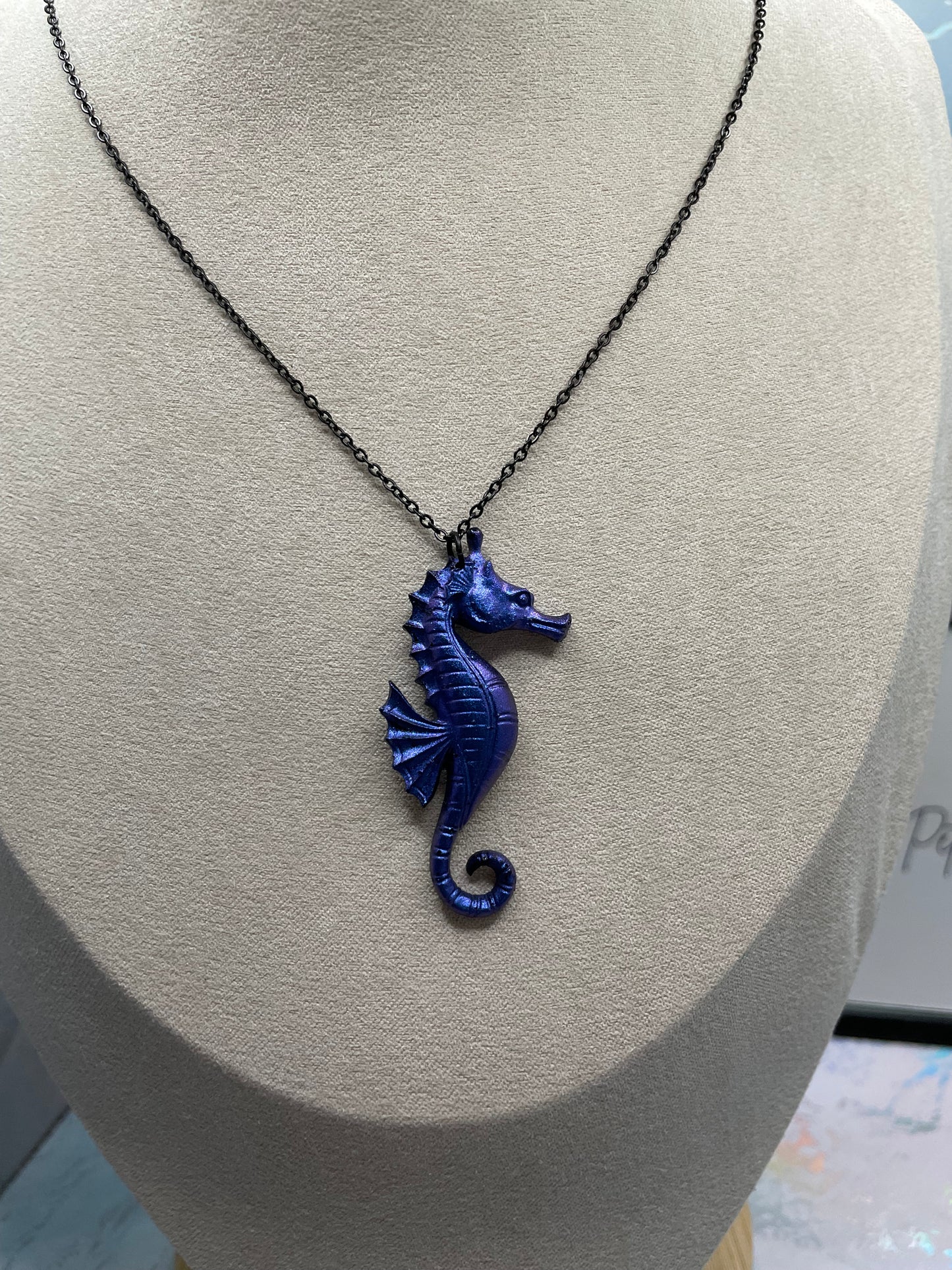 Chameleon Blue Seahorse Necklace–20"black chain NICKEL FREE