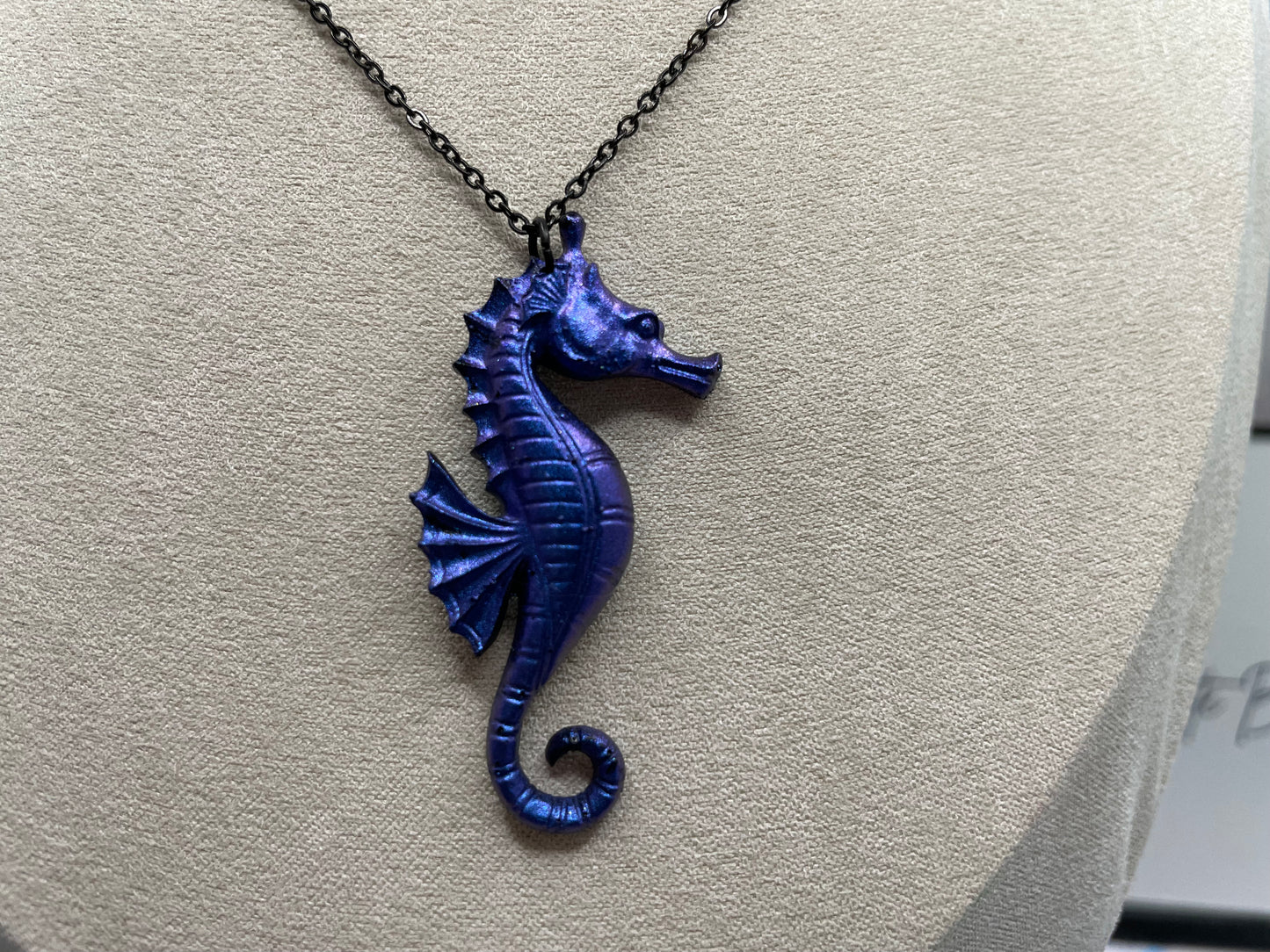 Chameleon Blue Seahorse Necklace–20"black chain NICKEL FREE