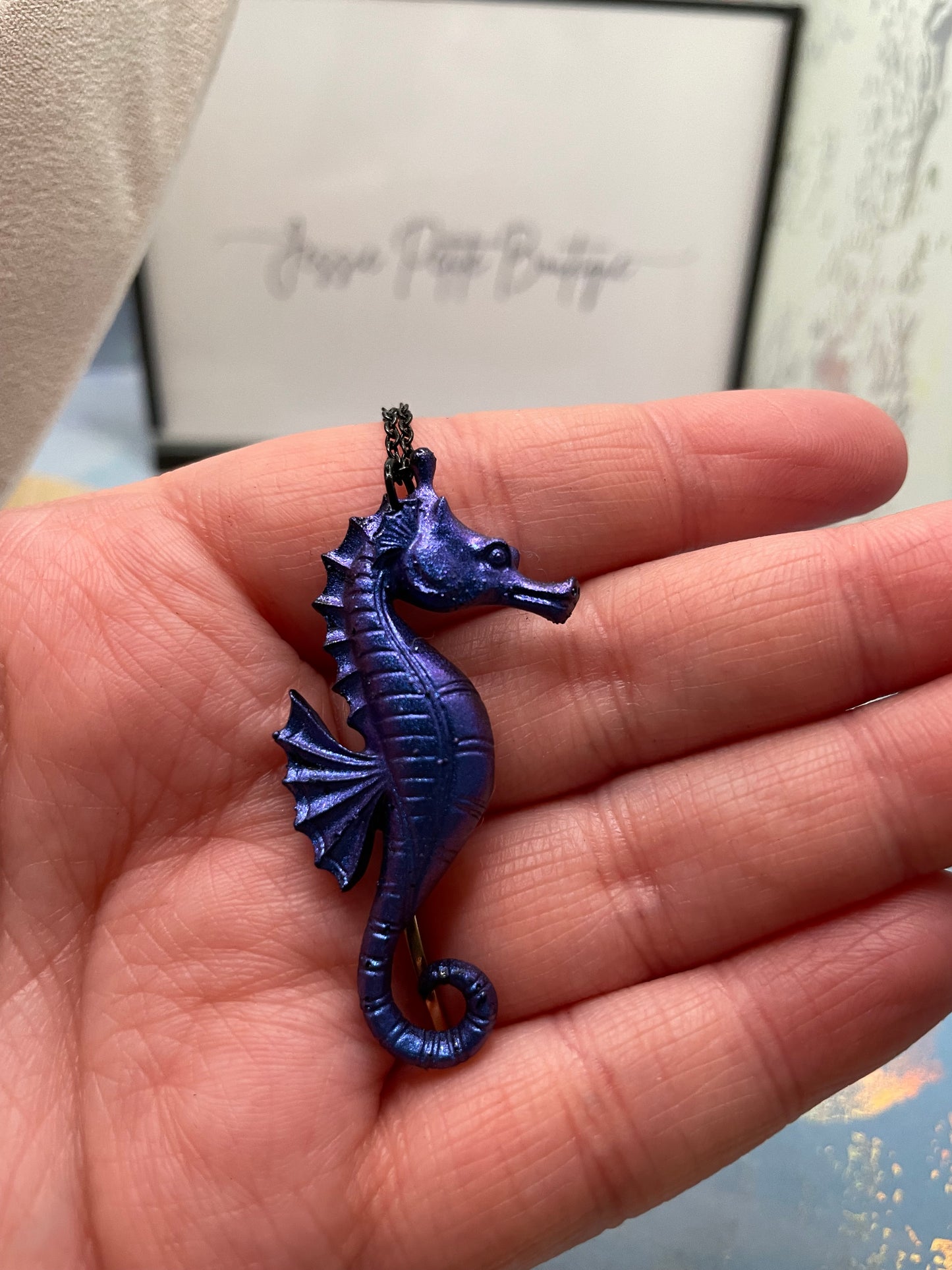 Chameleon Blue Seahorse Necklace–20"black chain NICKEL FREE