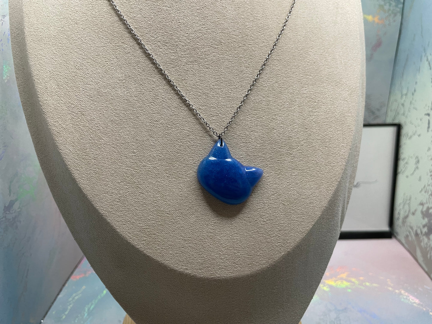 Blue Cat Face Pendant Necklace–21" Silver Chain-NICKEL FREE+STAINLESS STEEL