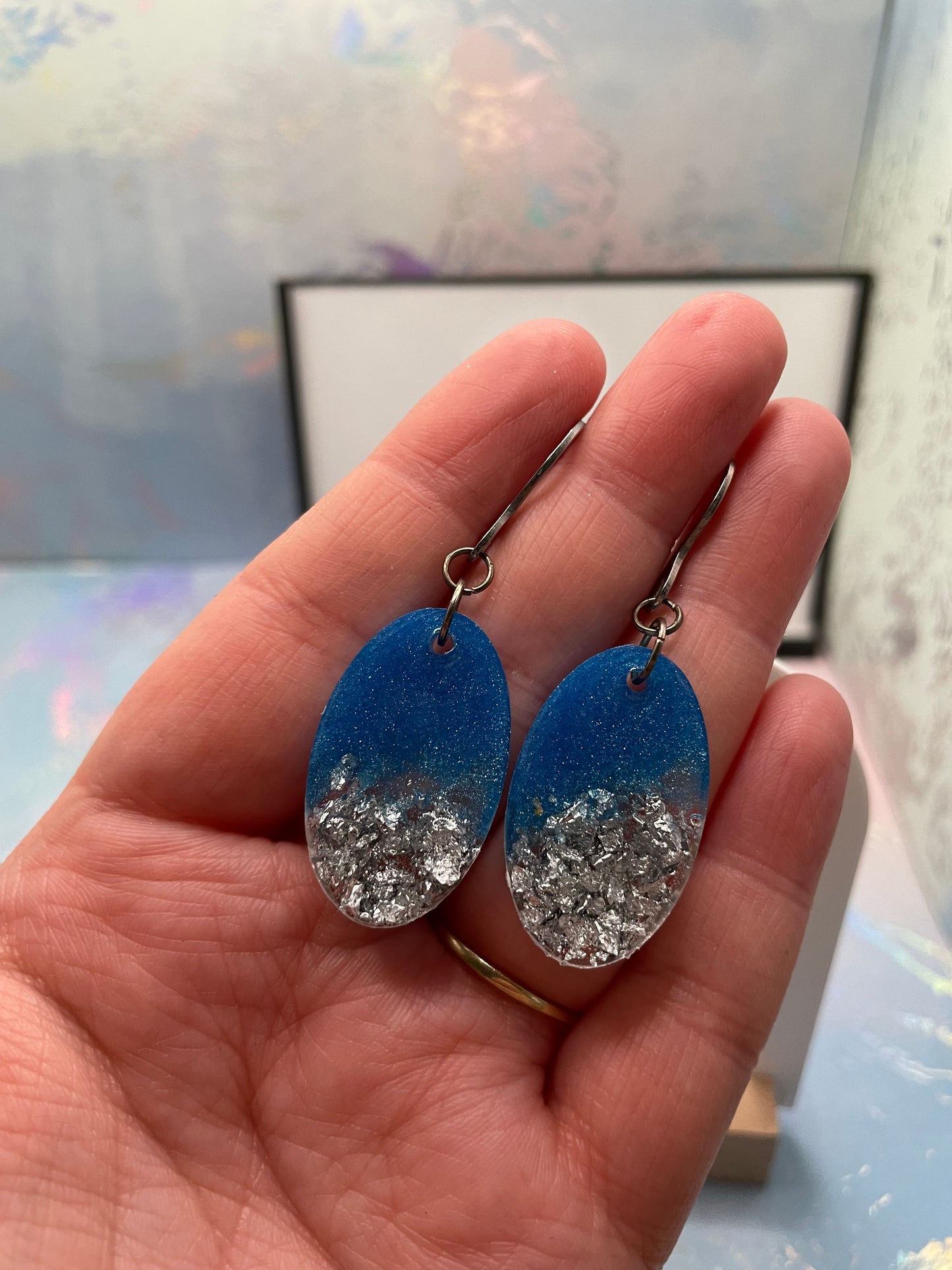Blue+Silver Flakes Oval Earrings STAINLESS STEEL