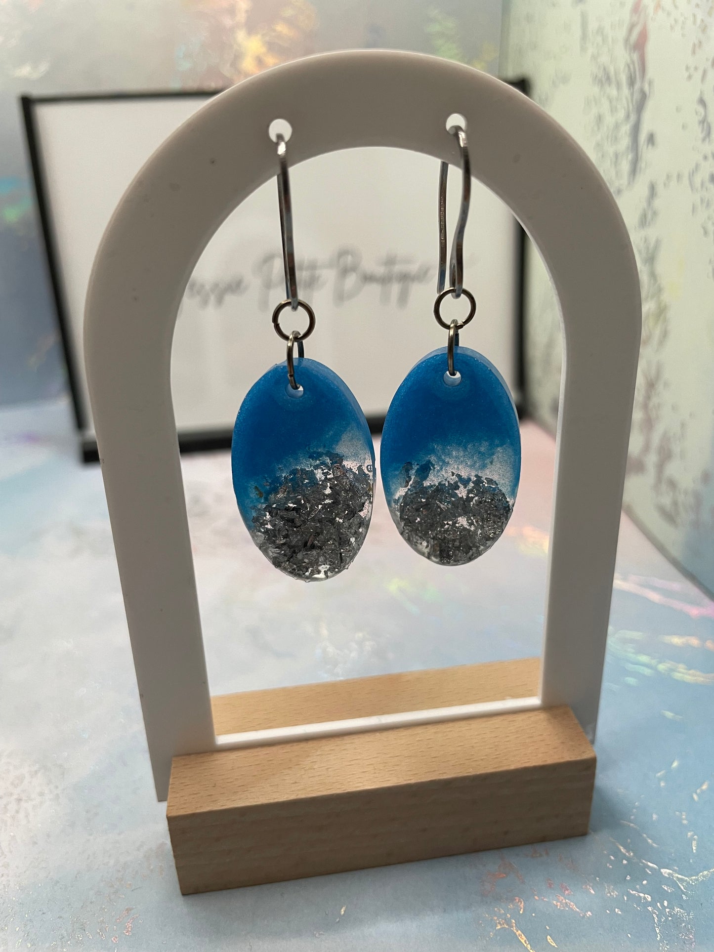 Blue+Silver Flakes Oval Earrings STAINLESS STEEL