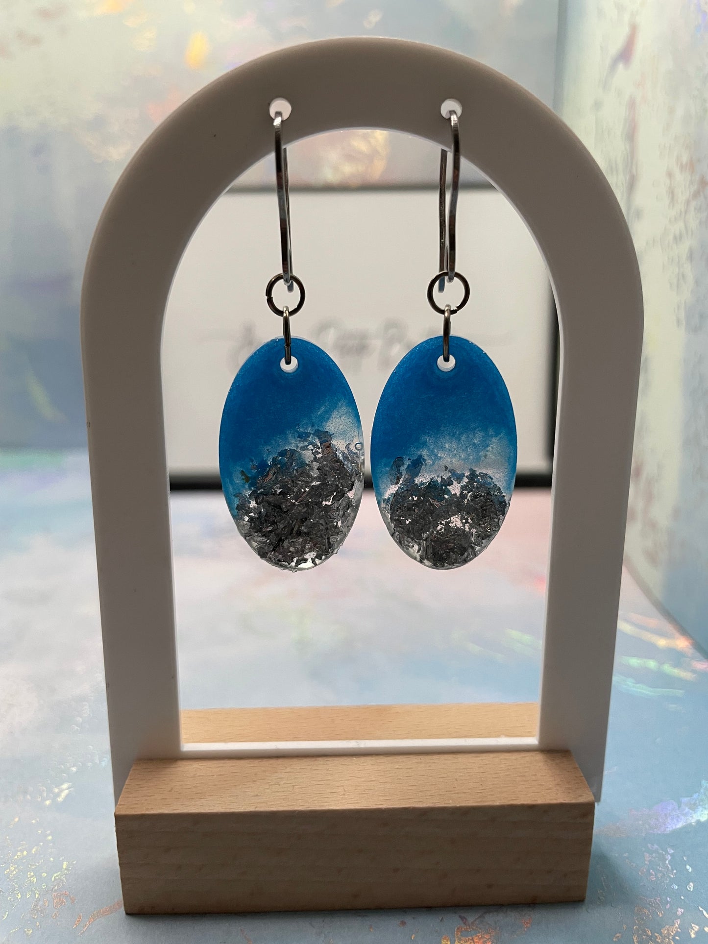 Blue+Silver Flakes Oval Earrings STAINLESS STEEL