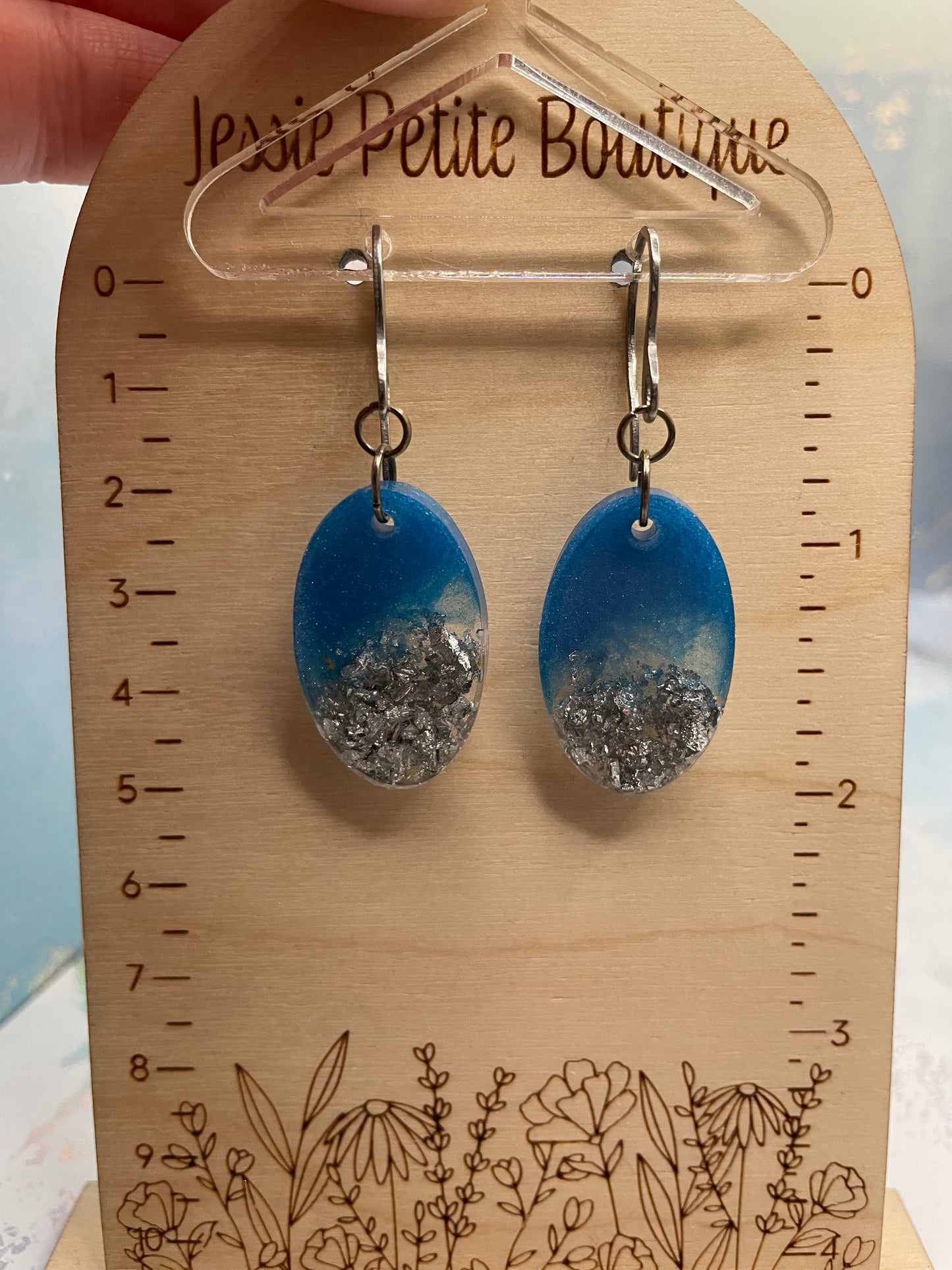 Blue+Silver Flakes Oval Earrings STAINLESS STEEL