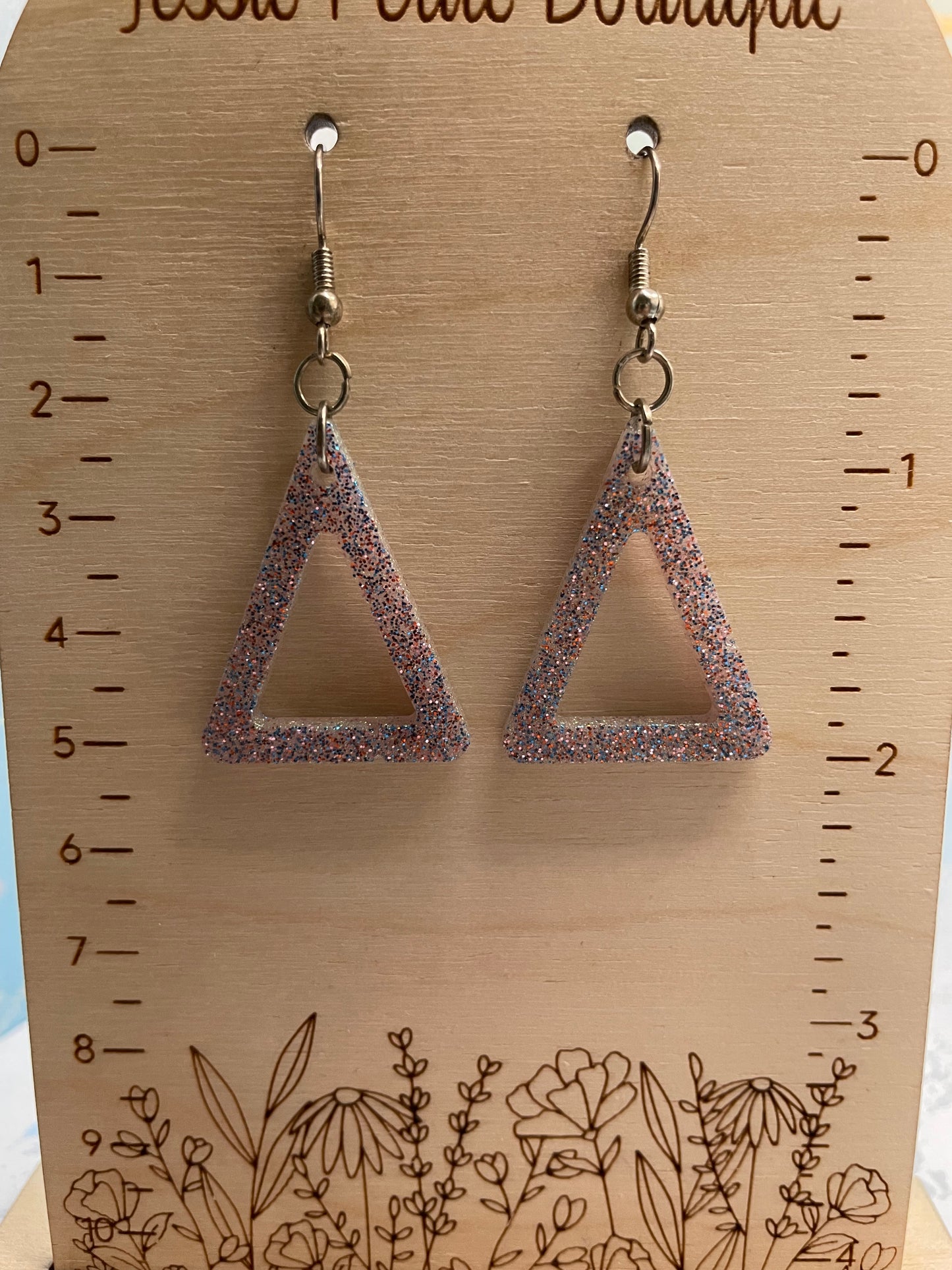 Pinky-ish Sparkly Resin Triangle Earrings
