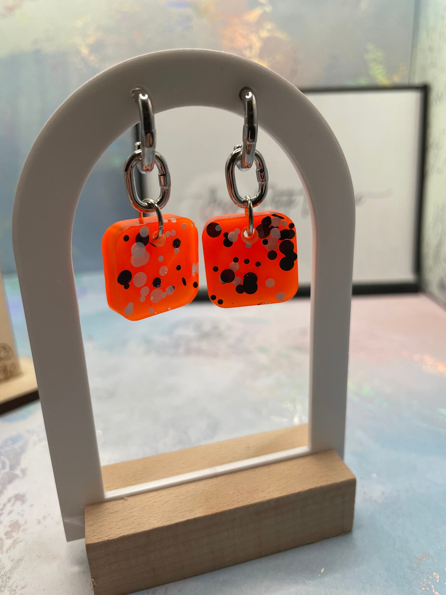 Vibrant Orange Dot Square Earrings- STAINLESS STEEL