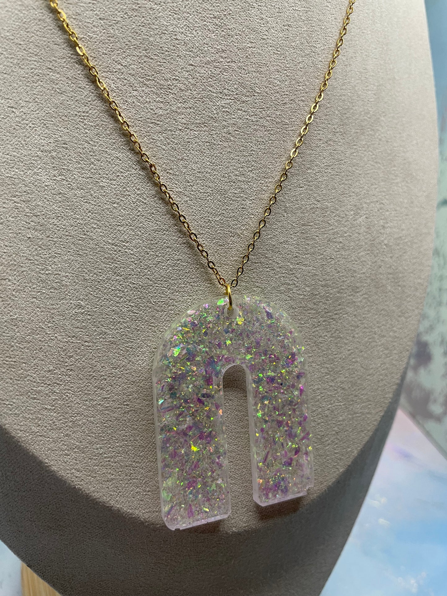 Opal U-Shaped Pendant Necklace-28''gold chain