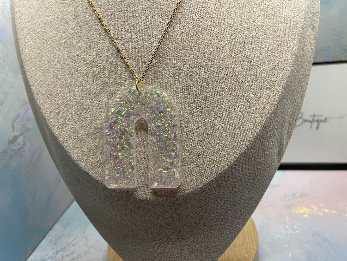 Opal U-Shaped Pendant Necklace-28''gold chain