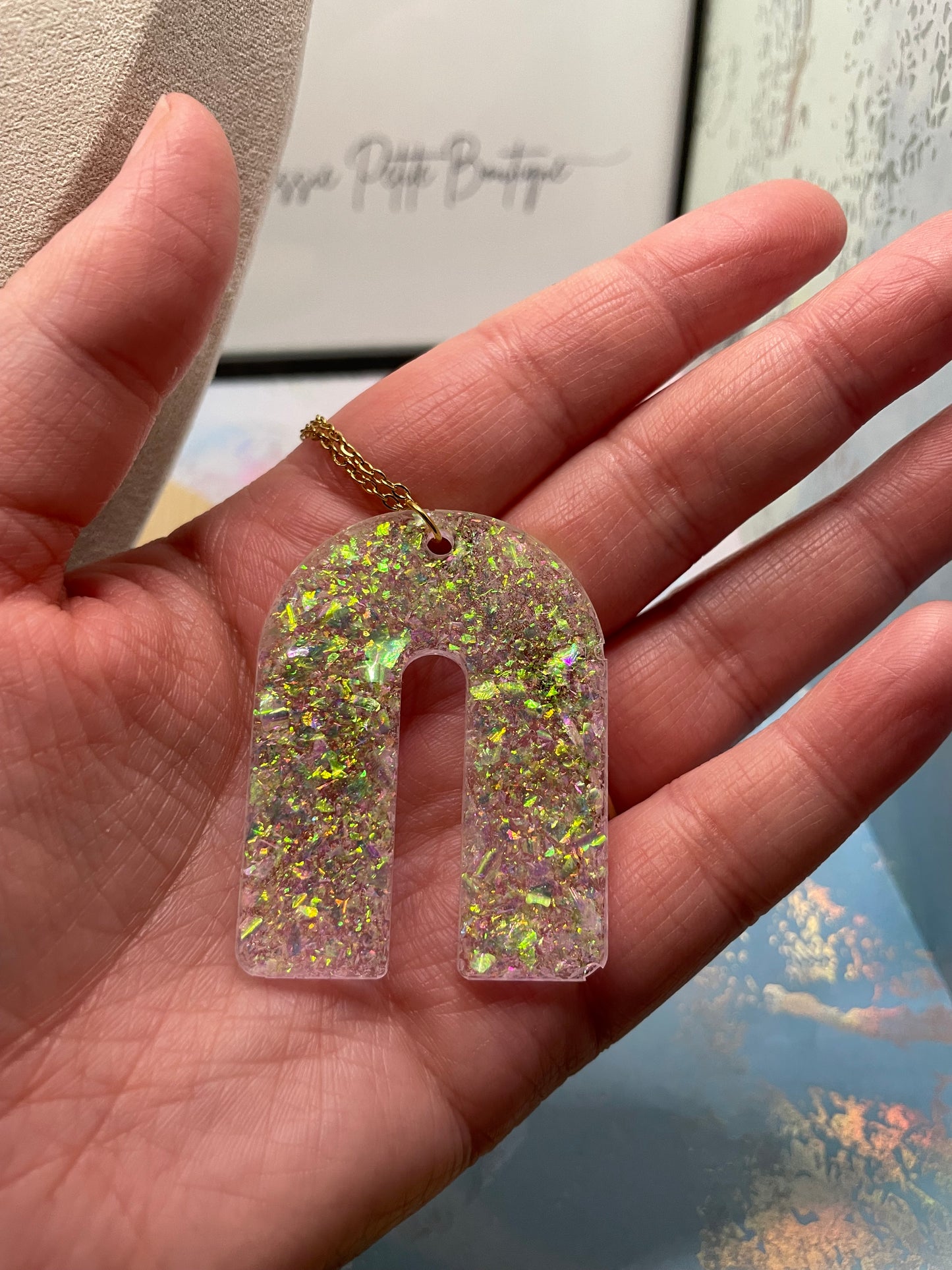 Opal U-Shaped Pendant Necklace-28''gold chain