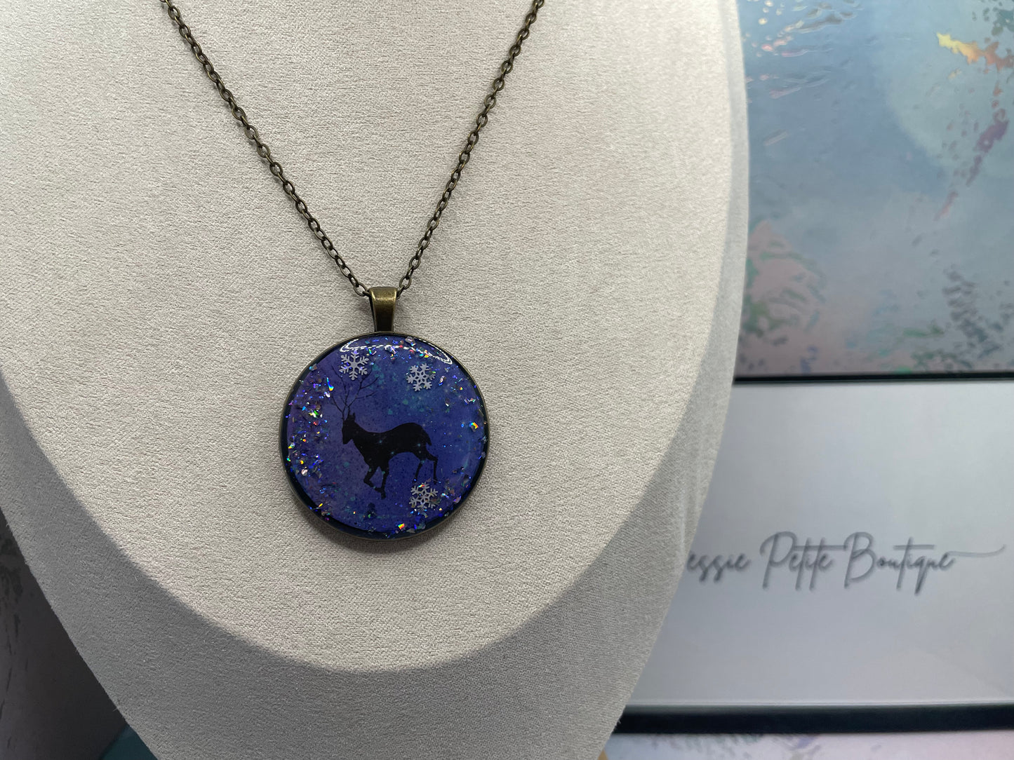 Winter Night Deer Pendant Necklace-25 bronze chain