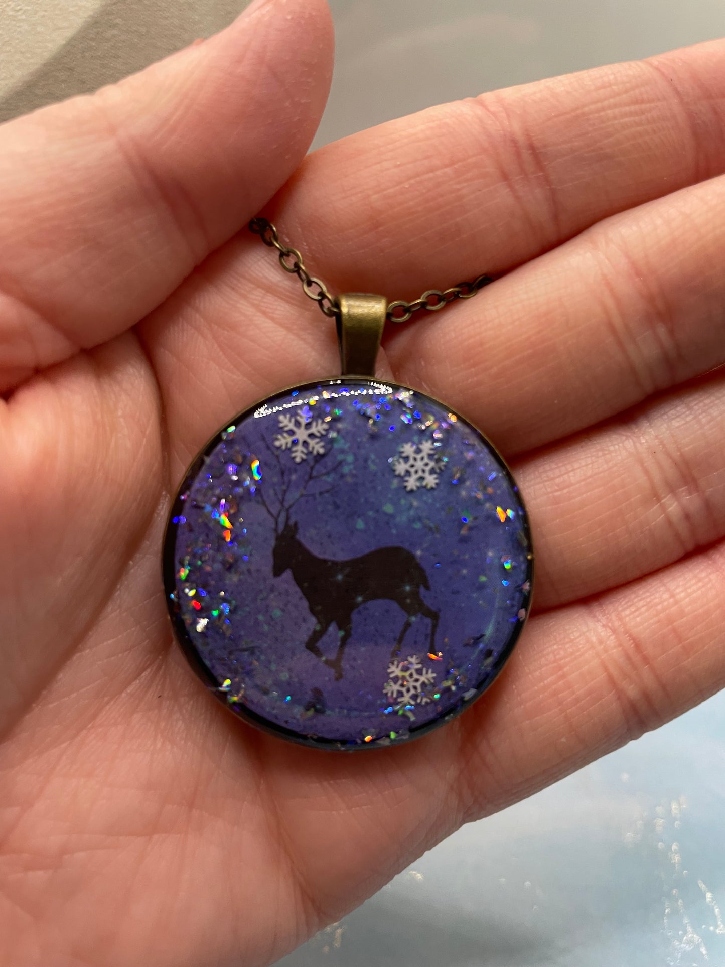 Winter Night Deer Pendant Necklace-25 bronze chain