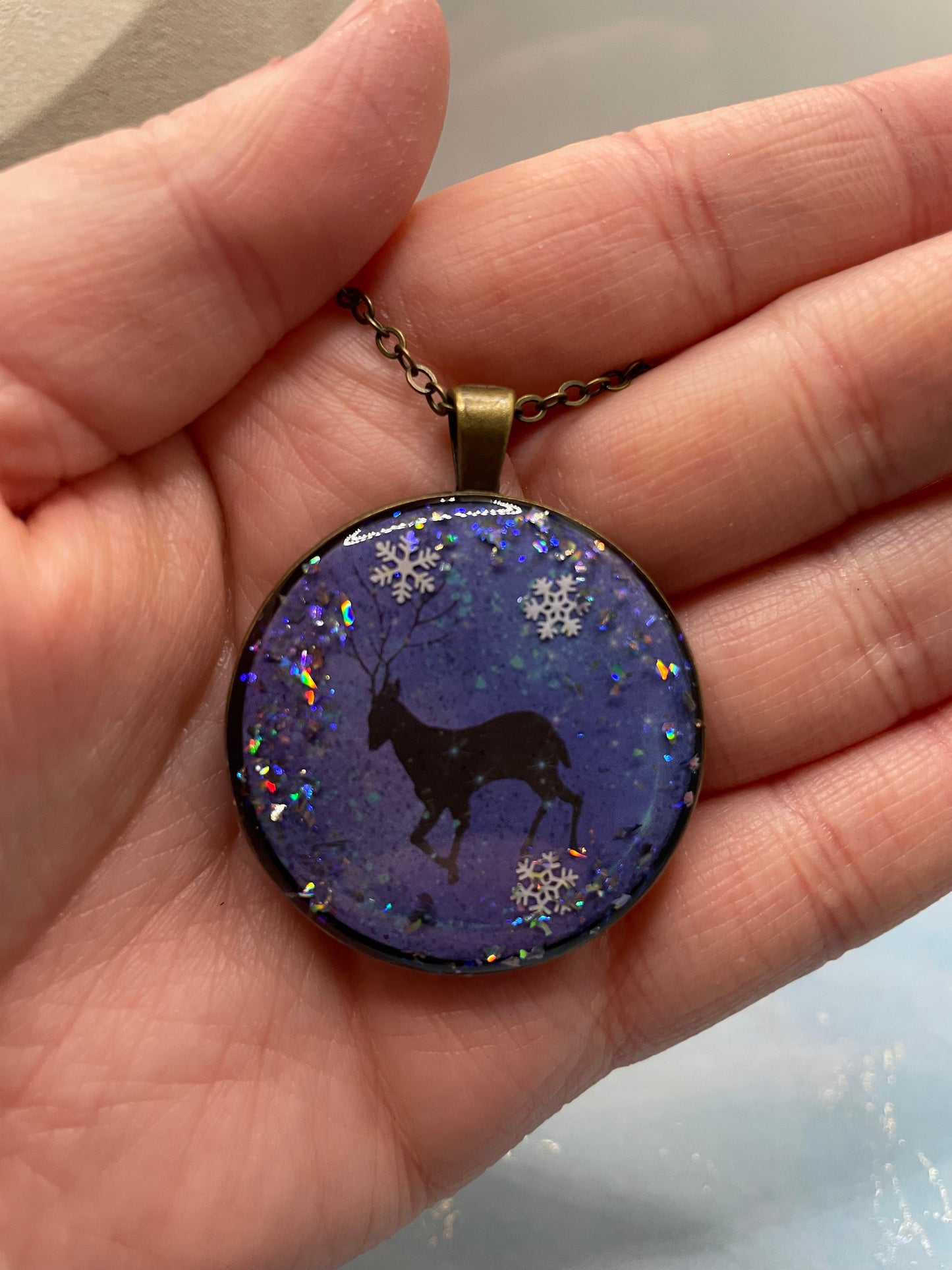 Winter Night Deer Pendant Necklace-25 bronze chain