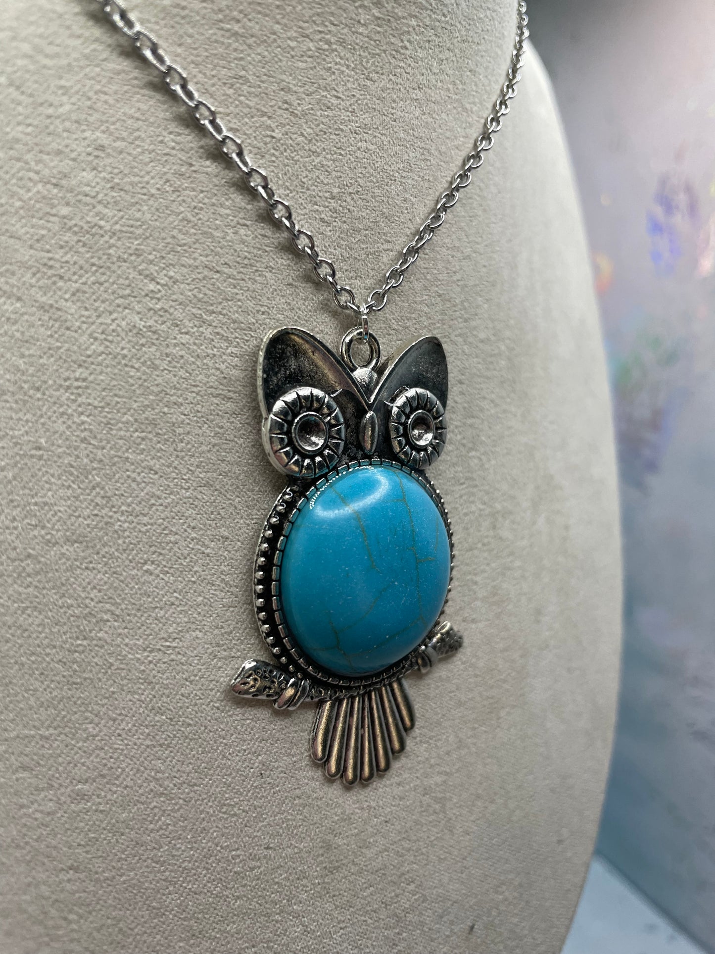 Collier hibou avec cabochon turquoise-Acier Inoxydable+Sans Nickel
