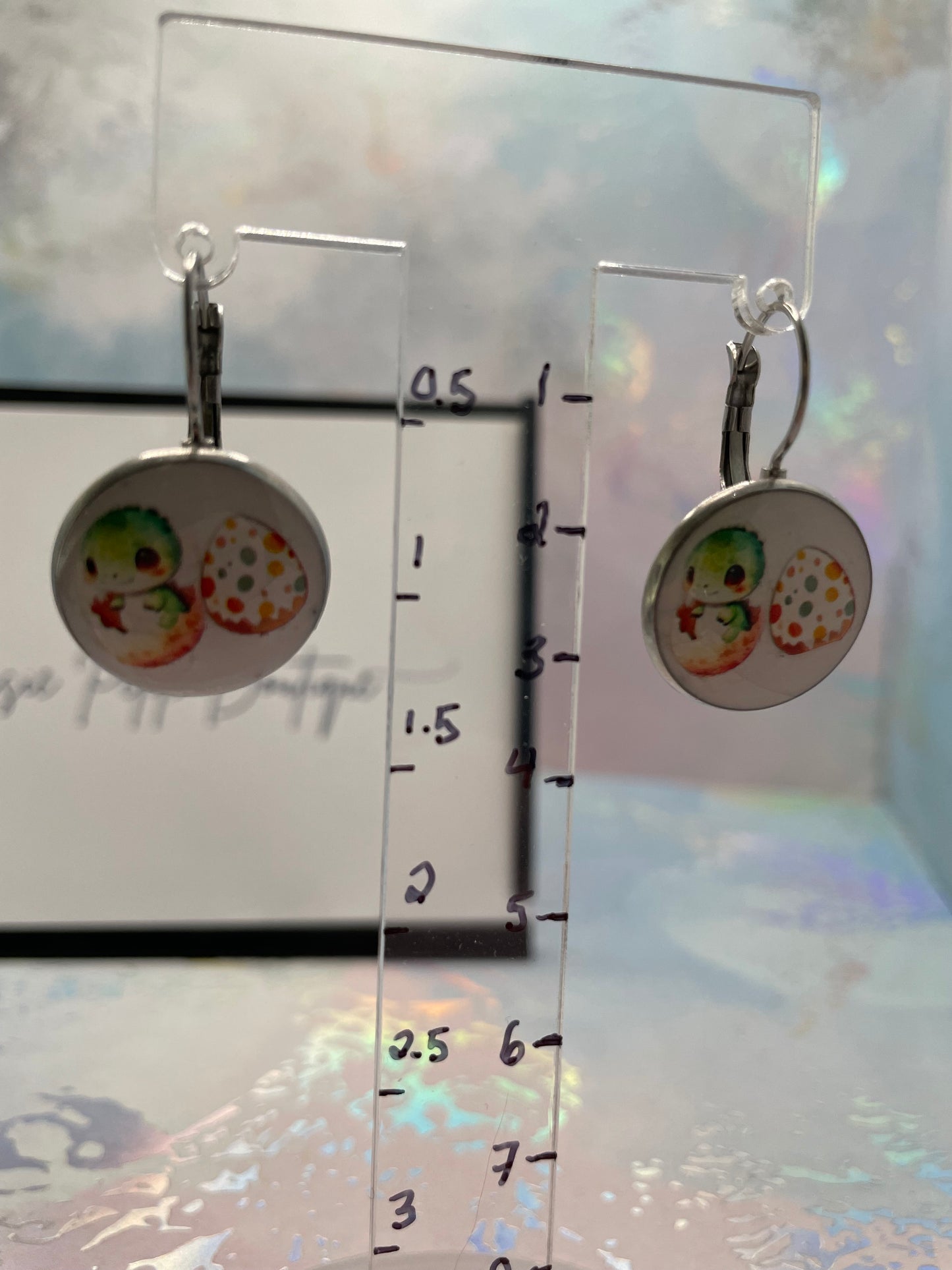 Boucles d’oreilles à dormeuse Bébé dinosaure et œuf à pois-Acier Inoxydable