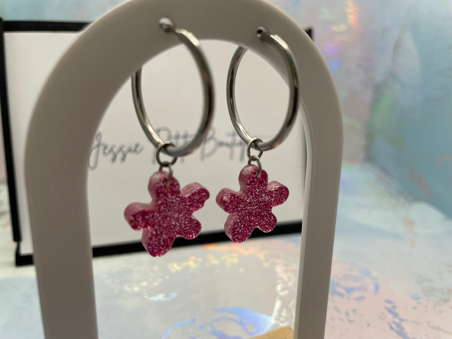 Sparkly Pink Flower Hoop Earrings-Stainless Steel