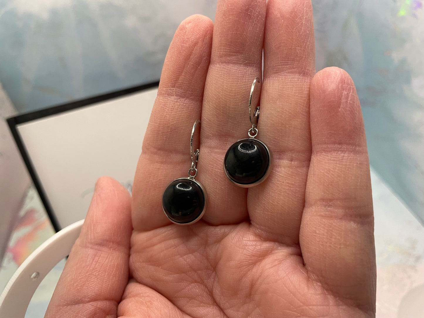 Boucles d’oreilles pendantes onyx noir dans cabochon-Sans Nickel