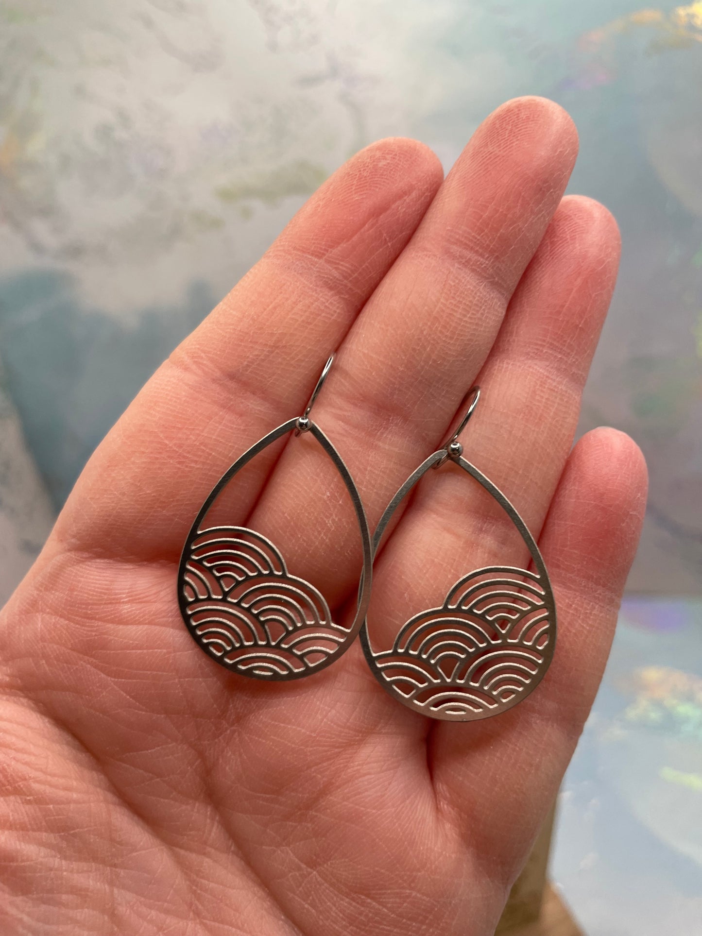 Silver Metal Teardrop Earrings With Circle designs-Stainless Steel