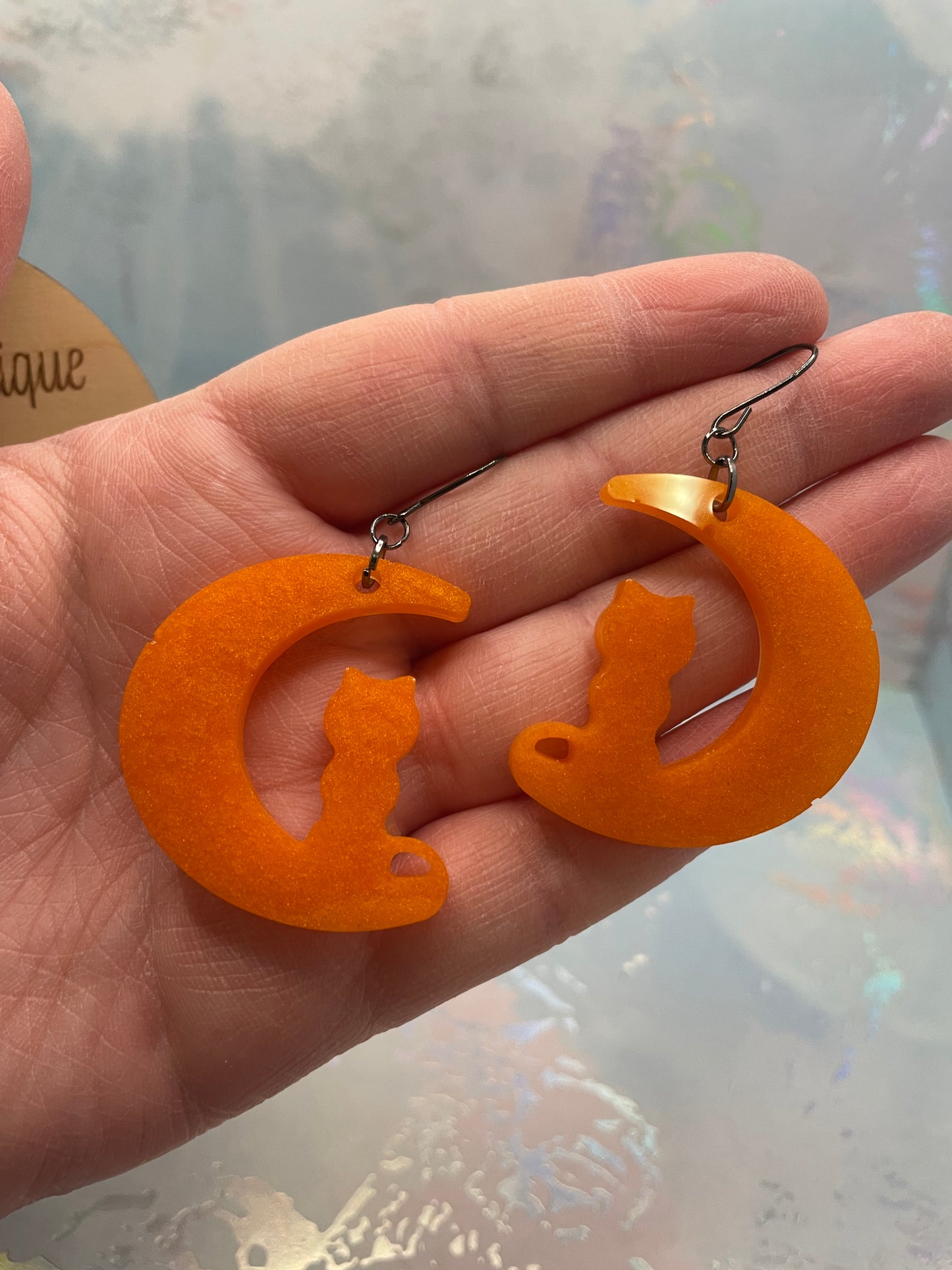 Boucles d’oreilles chat sur la lune orange-Sans Nickel
