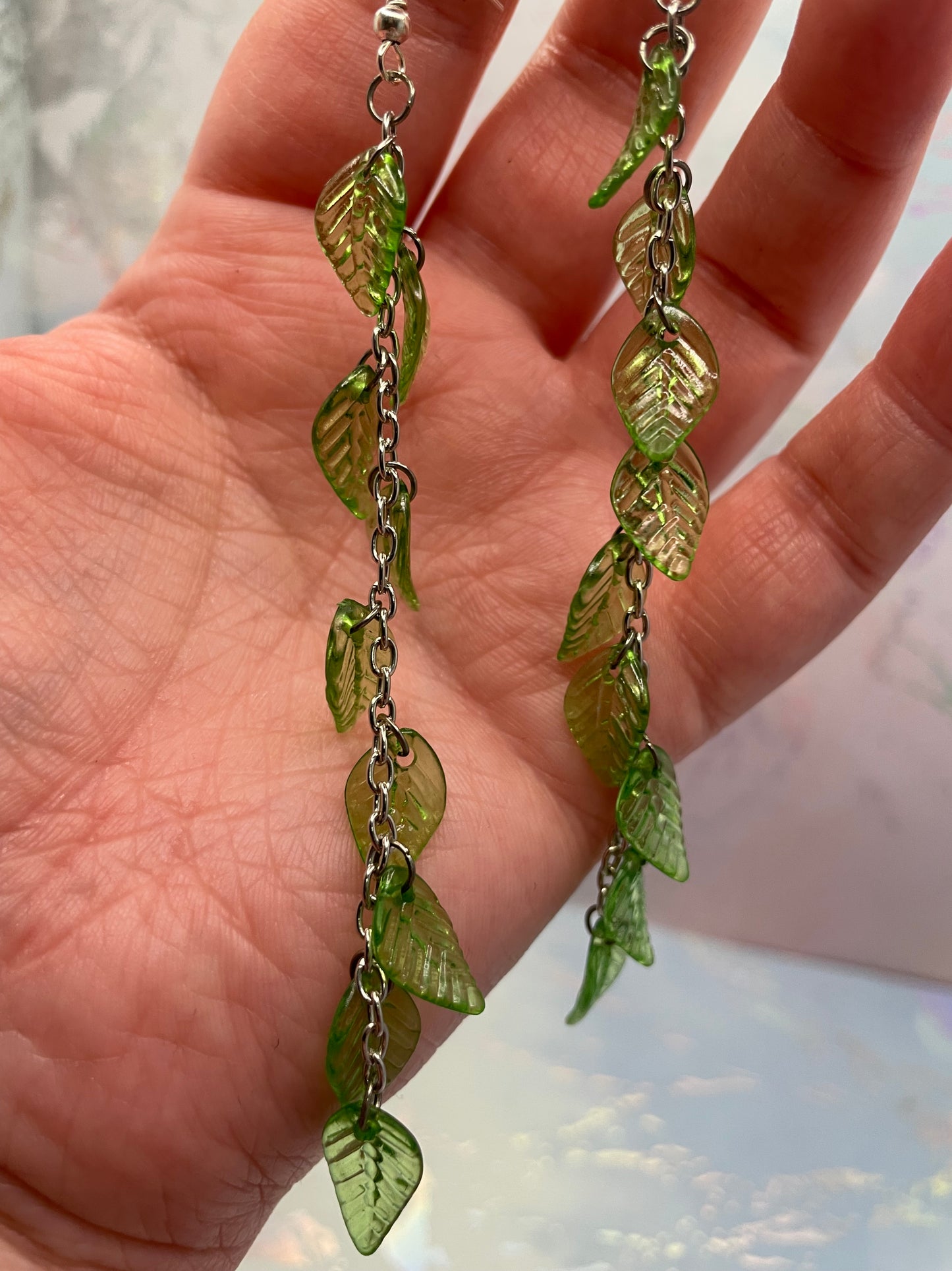 Boucle d'oreilles feuilles vertes suspendues-Sans Nickel