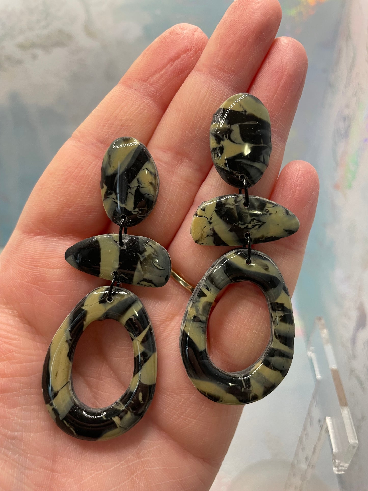 Boucles d’oreilles Angel(Argile):marbrée noir et crème-Sans Nickel