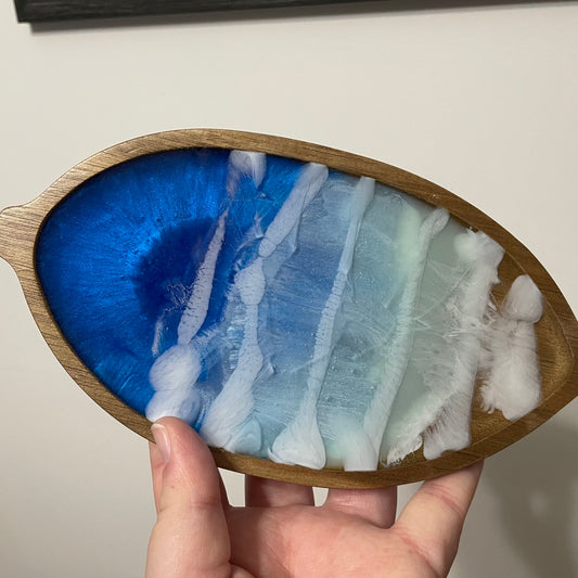 Leaf-Shaped Wooden Tray with Ocean Resin Design