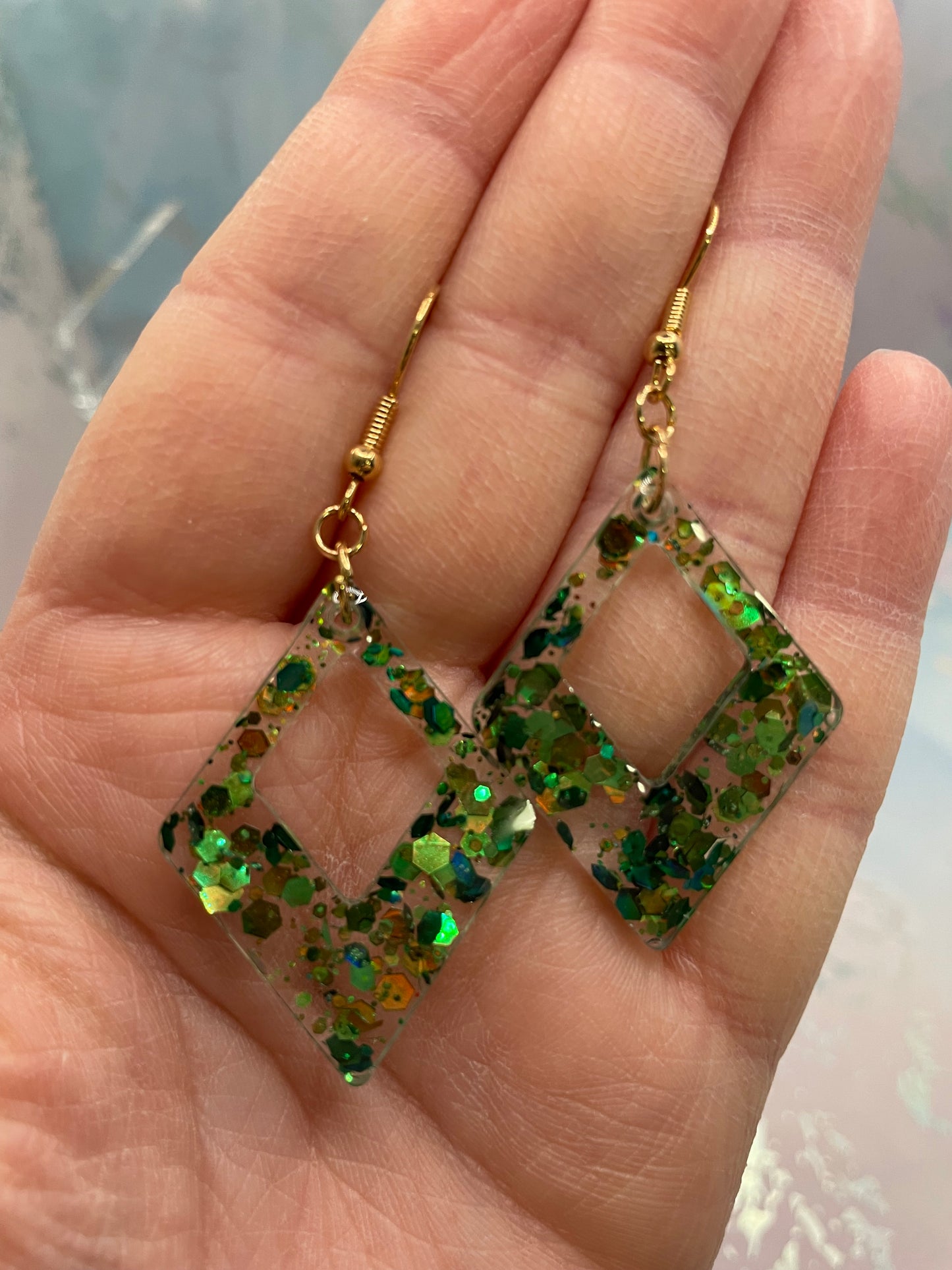 Sparkly Green Rhombus Resin Earrings