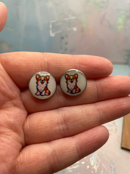 Corgi Puppy Round Stud Earrings