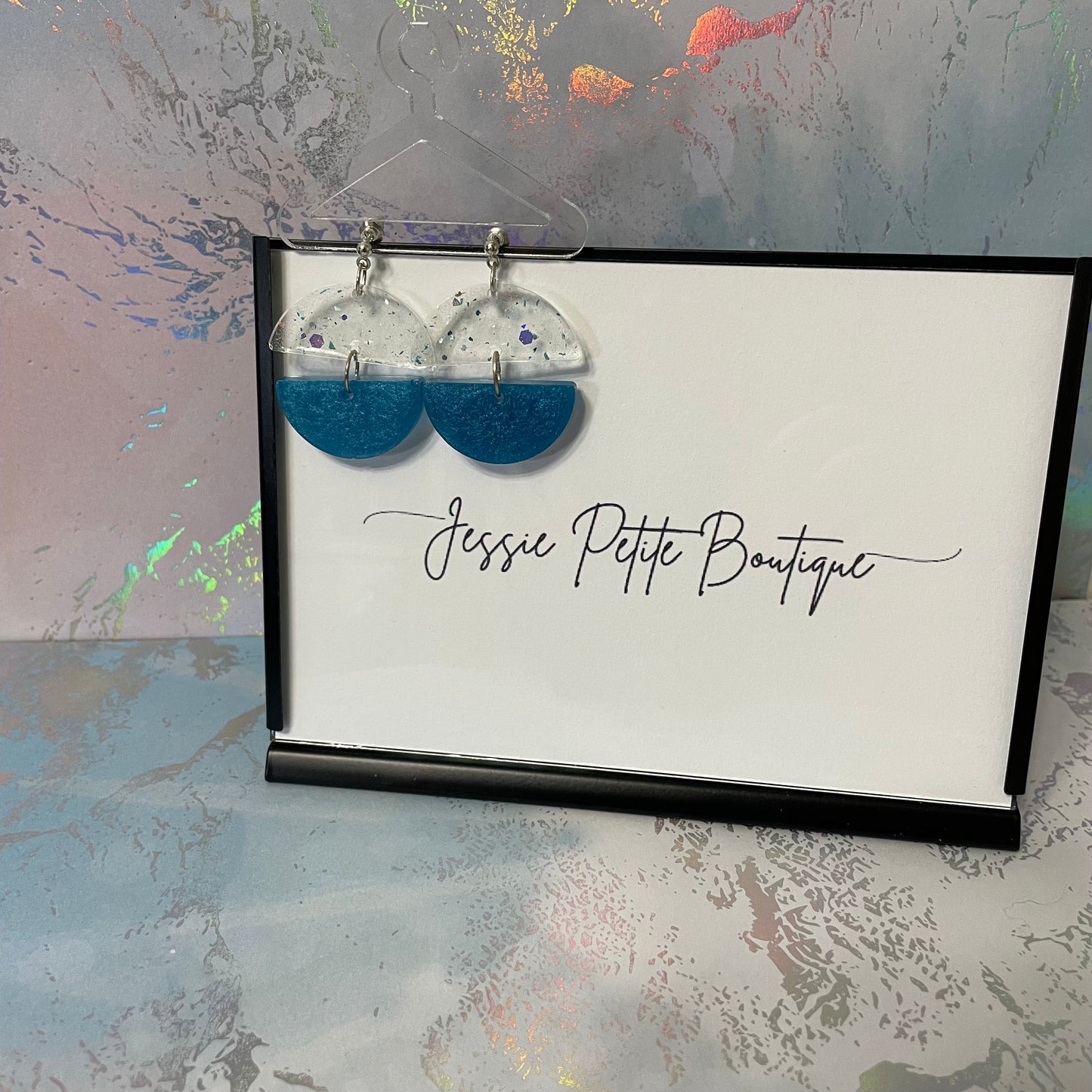 Sparkly Blue Resin Half-Circle Earrings