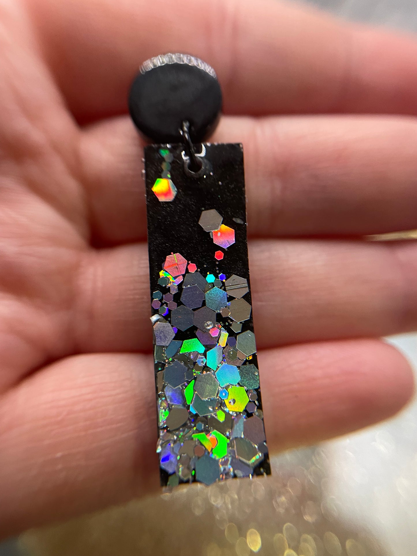 Sparkly Holographic Black Rectangle Earrings - Nickel Free