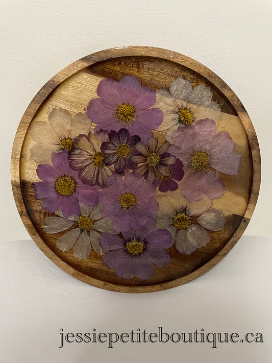 Round Wooden Tray with Real Dried Flowers