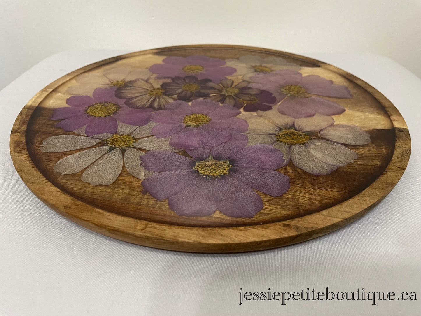 Round Wooden Tray with Real Dried Flowers