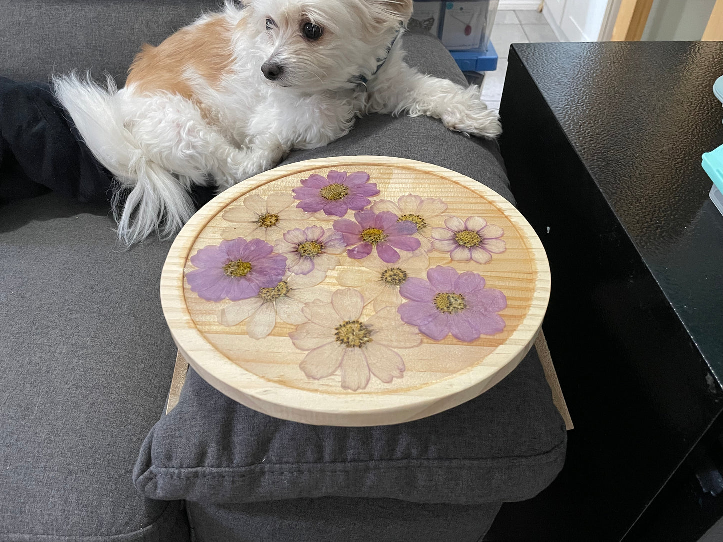 Wooden Sofa Tray with Real Dried Flowers