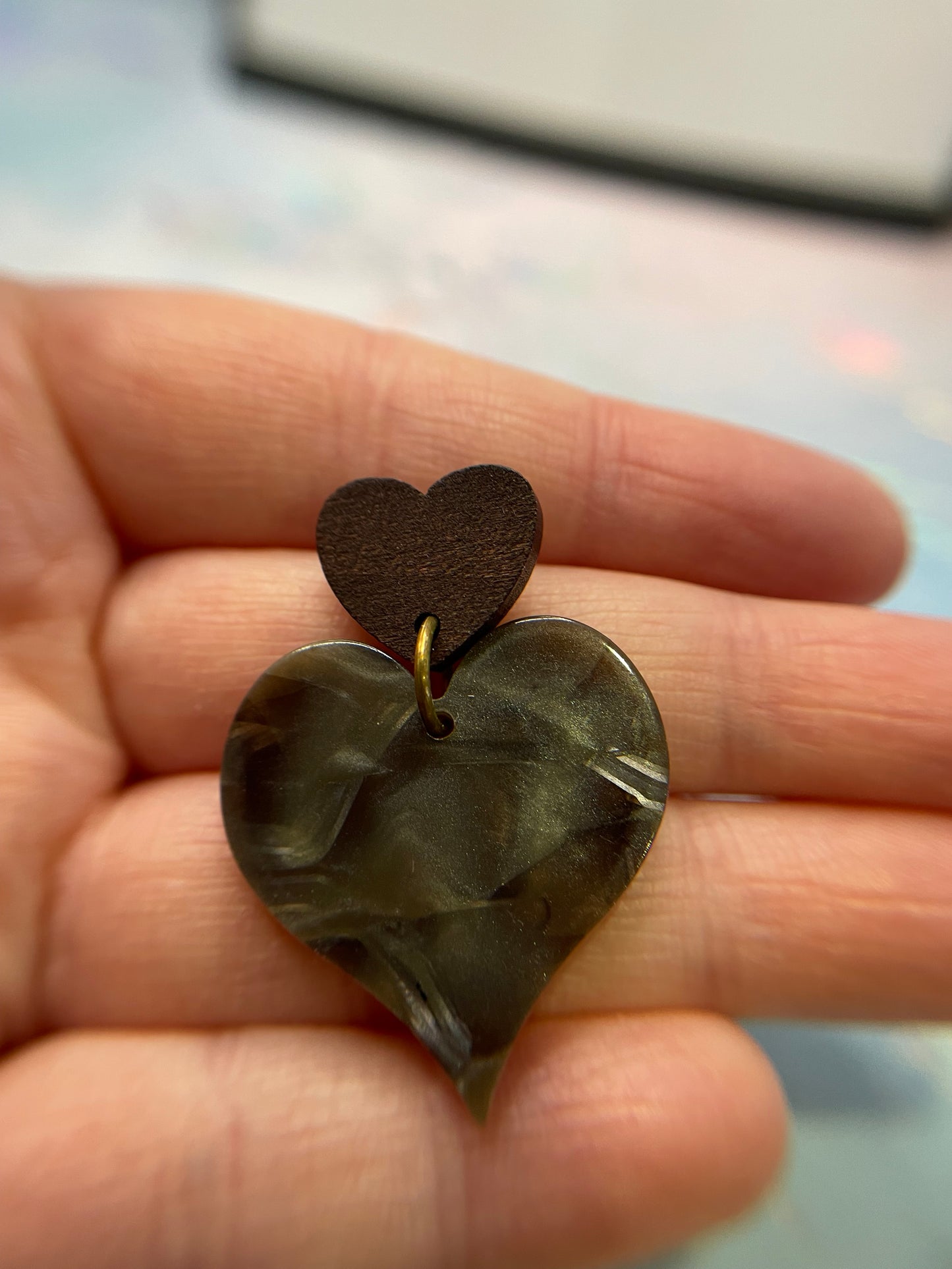 Acrylic Acetate Heart Earrings With Wood Stud