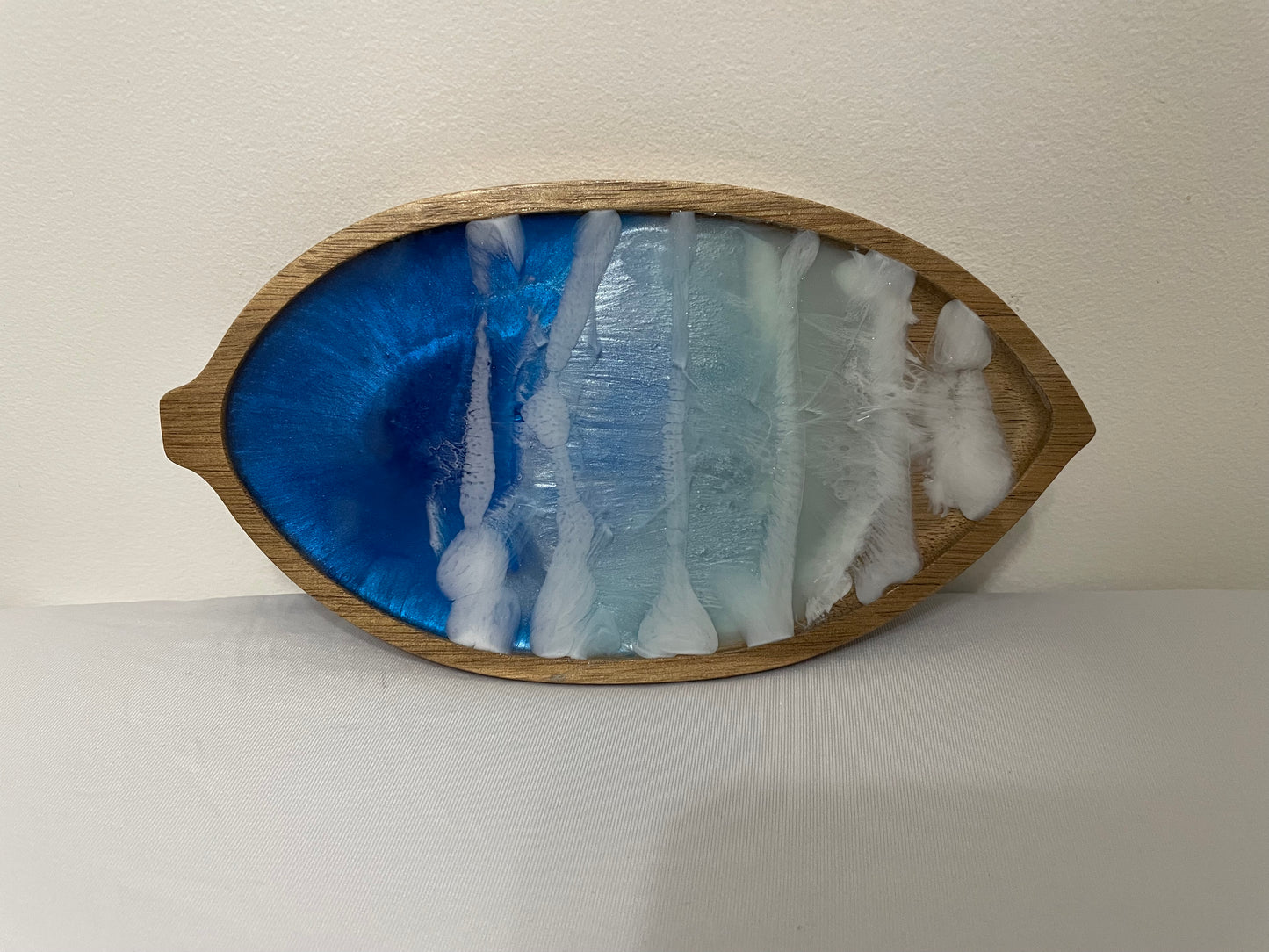 Leaf-Shaped Wooden Tray with Ocean Resin Design