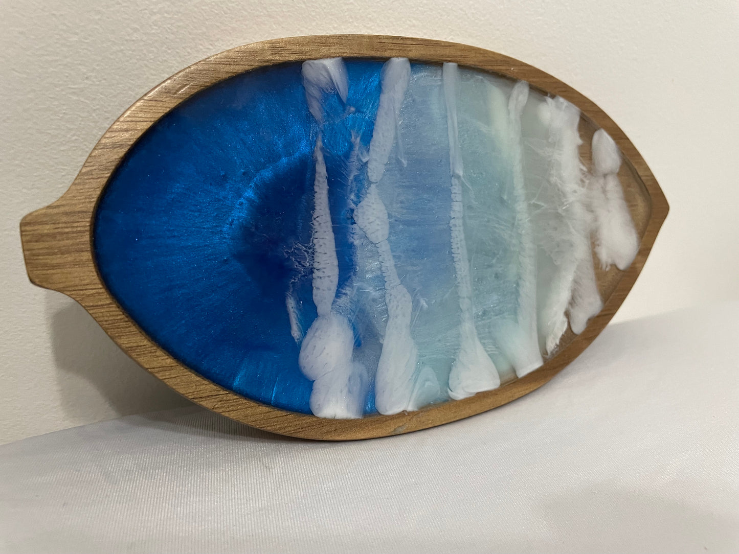 Leaf-Shaped Wooden Tray with Ocean Resin Design
