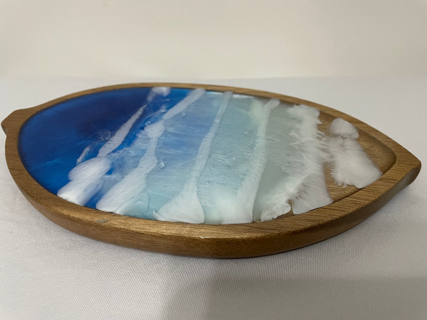 Leaf-Shaped Wooden Tray with Ocean Resin Design