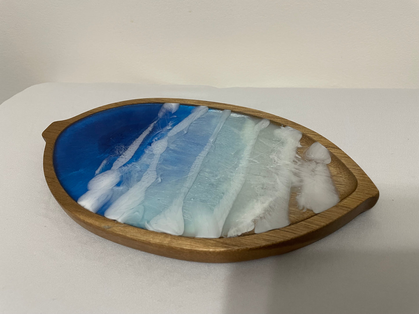 Leaf-Shaped Wooden Tray with Ocean Resin Design