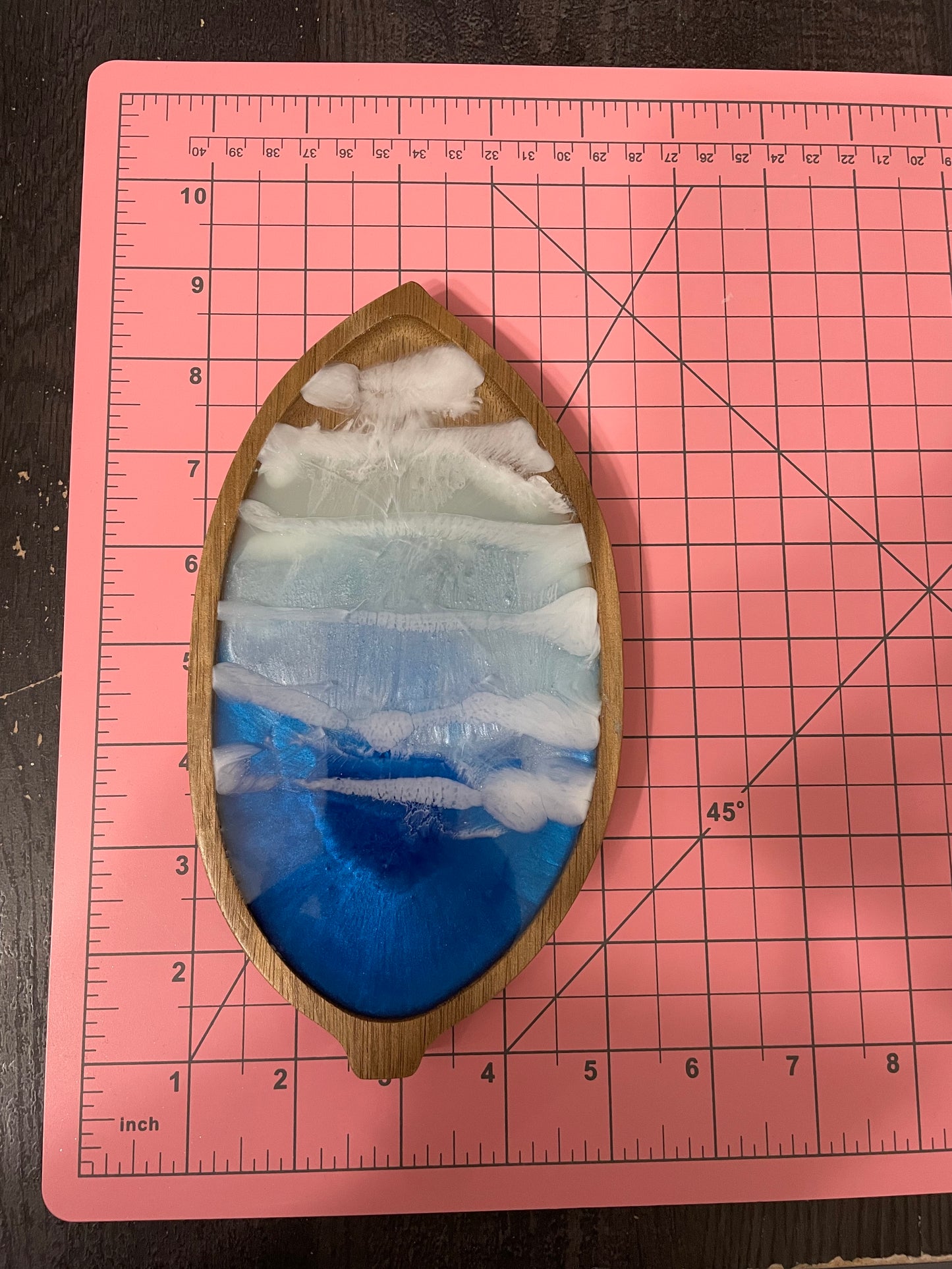 Leaf-Shaped Wooden Tray with Ocean Resin Design