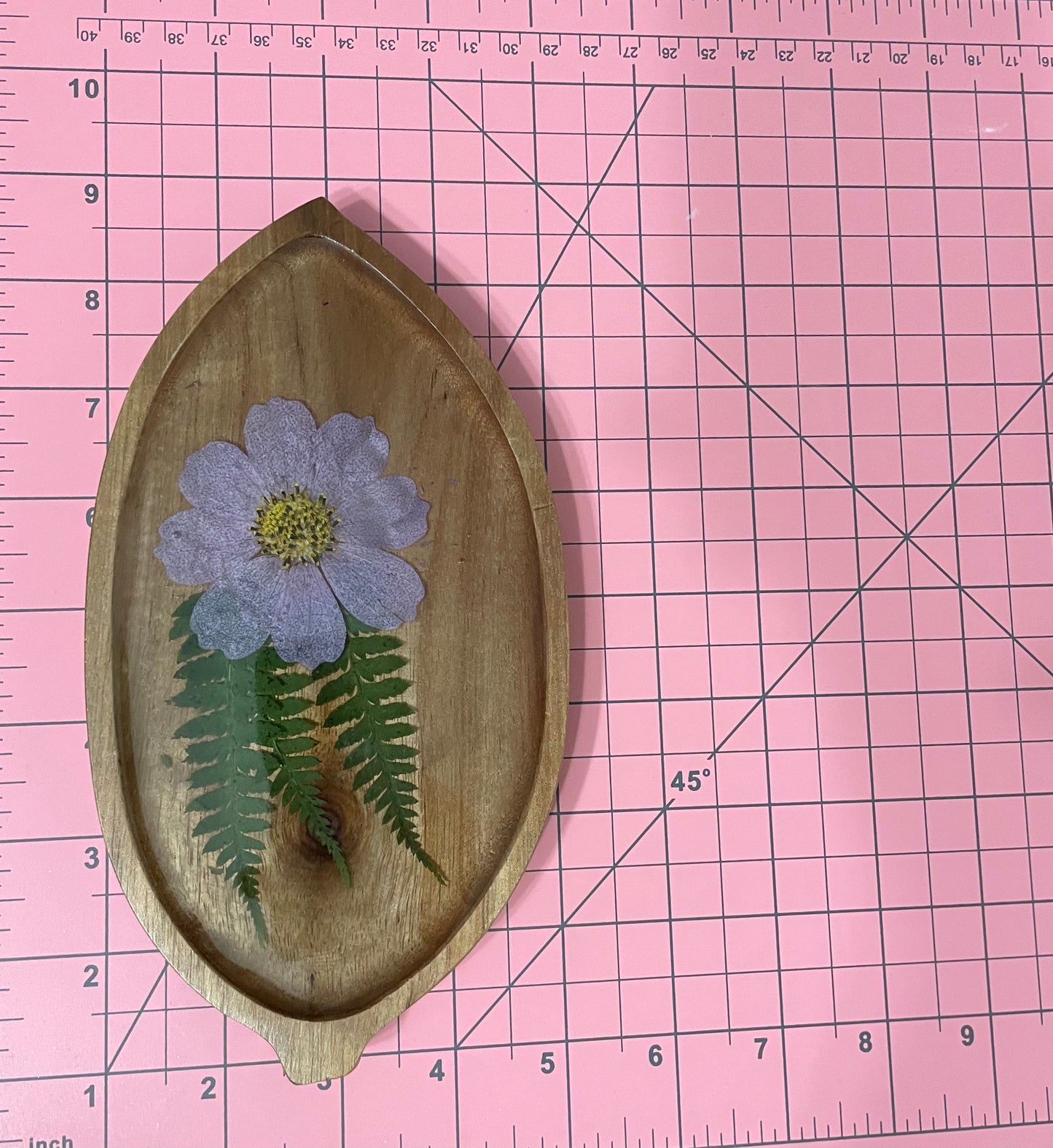 Leaf-Shaped Wooden Tray with Dried Flower in Resin