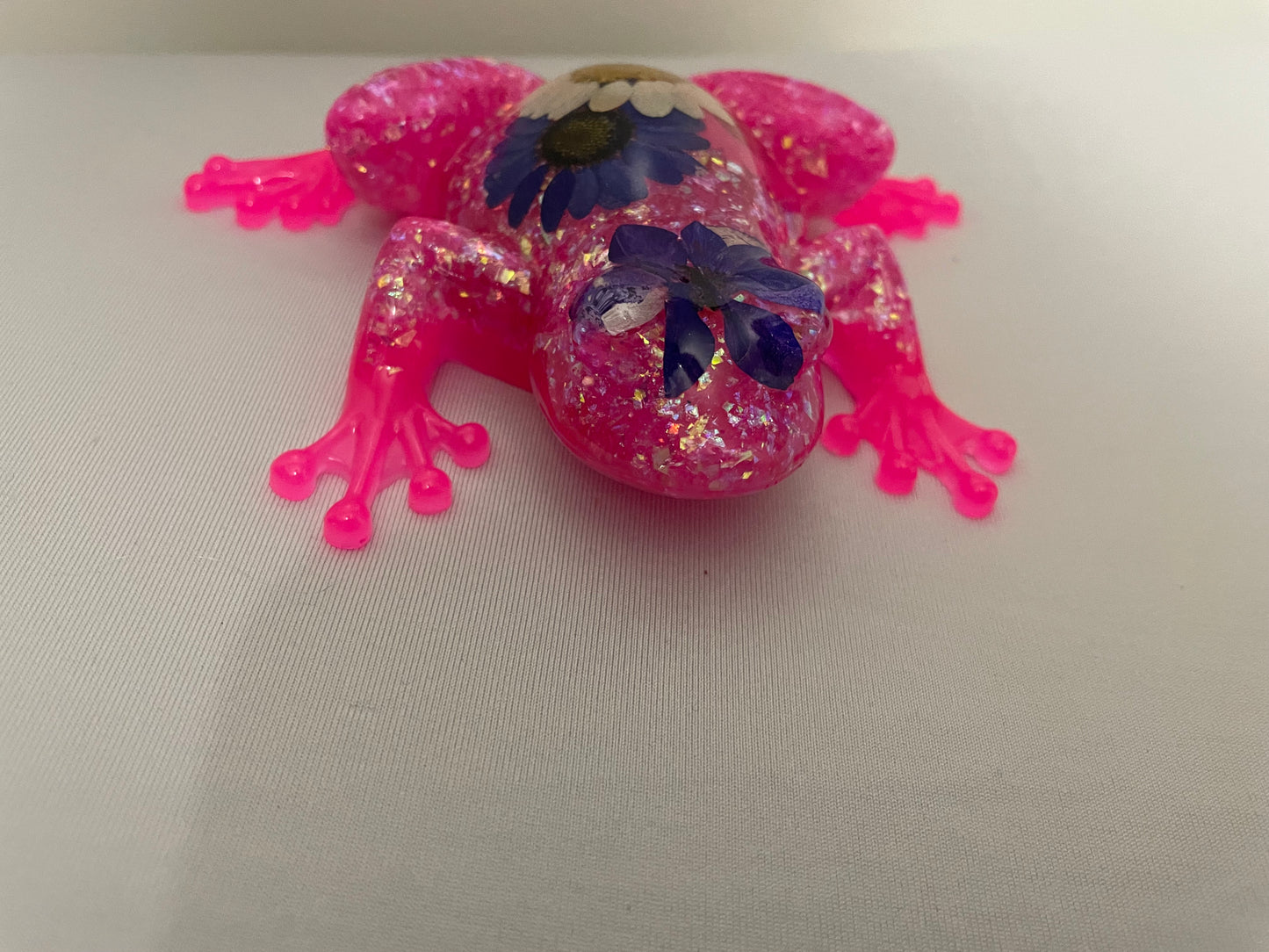 Resin Frog Figurine with Real Flowers